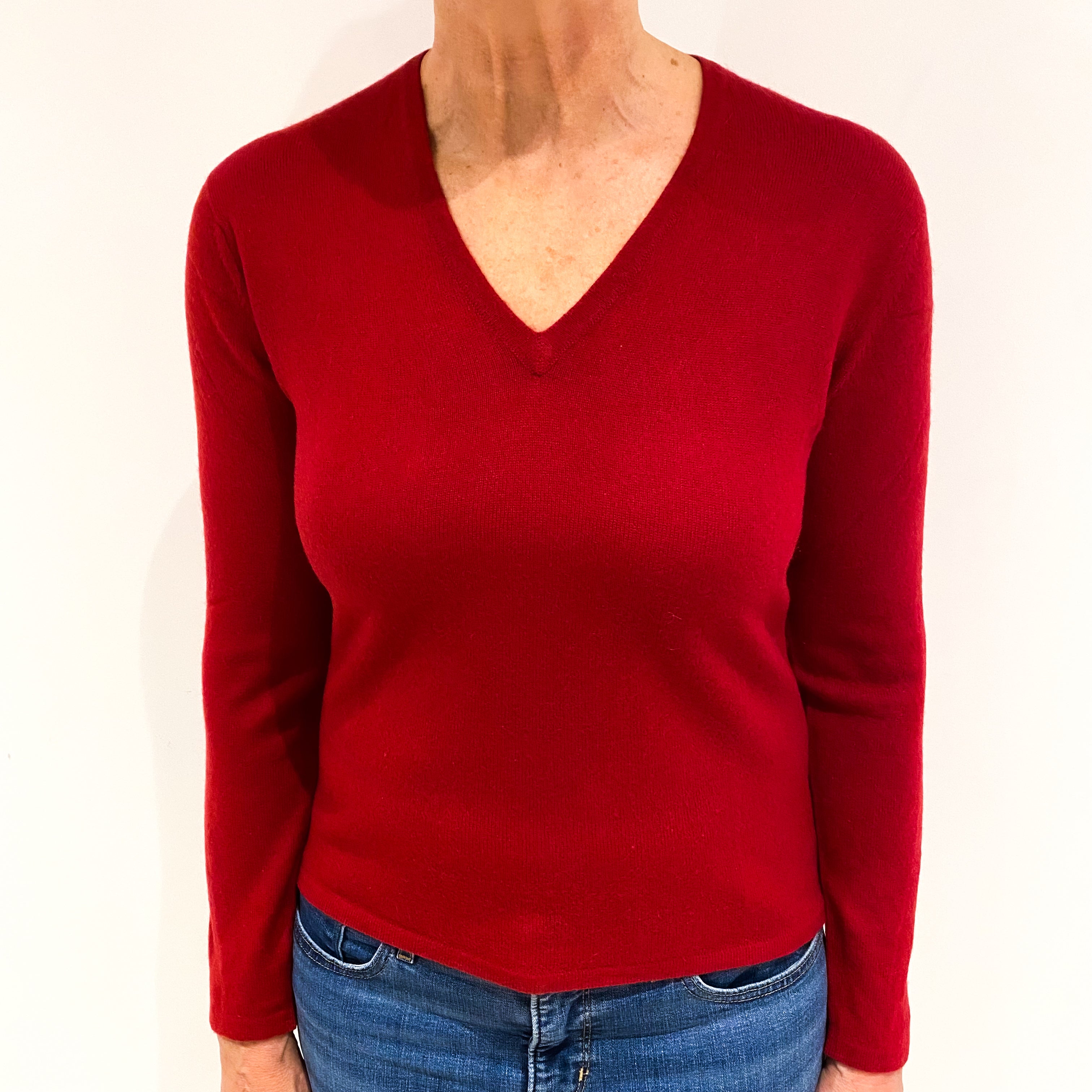 Crimson Red Cashmere V Neck Jumper Medium