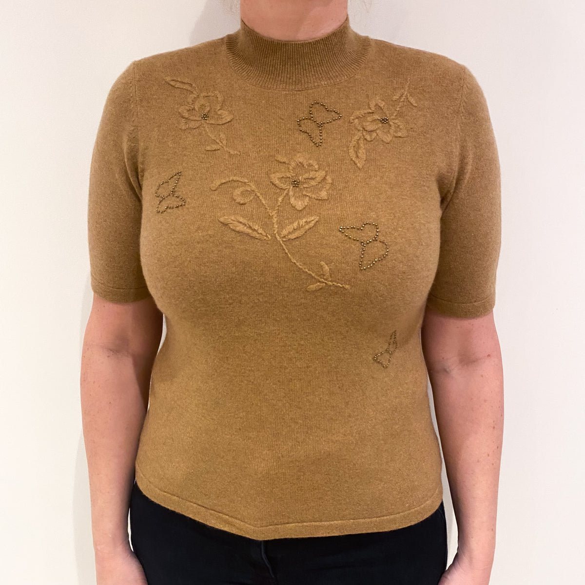 Butterscotch Brown Short Sleeve Cashmere Turtle Neck Jumper Large