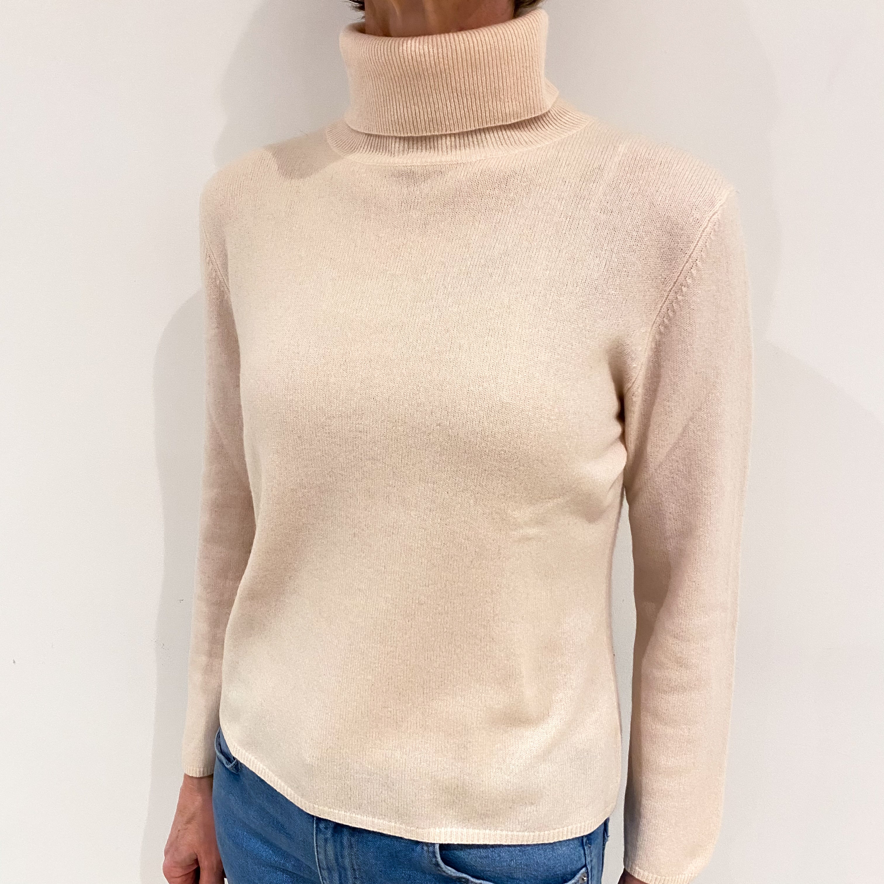 Pale Shell Pink Cashmere Polo Neck Jumper Small