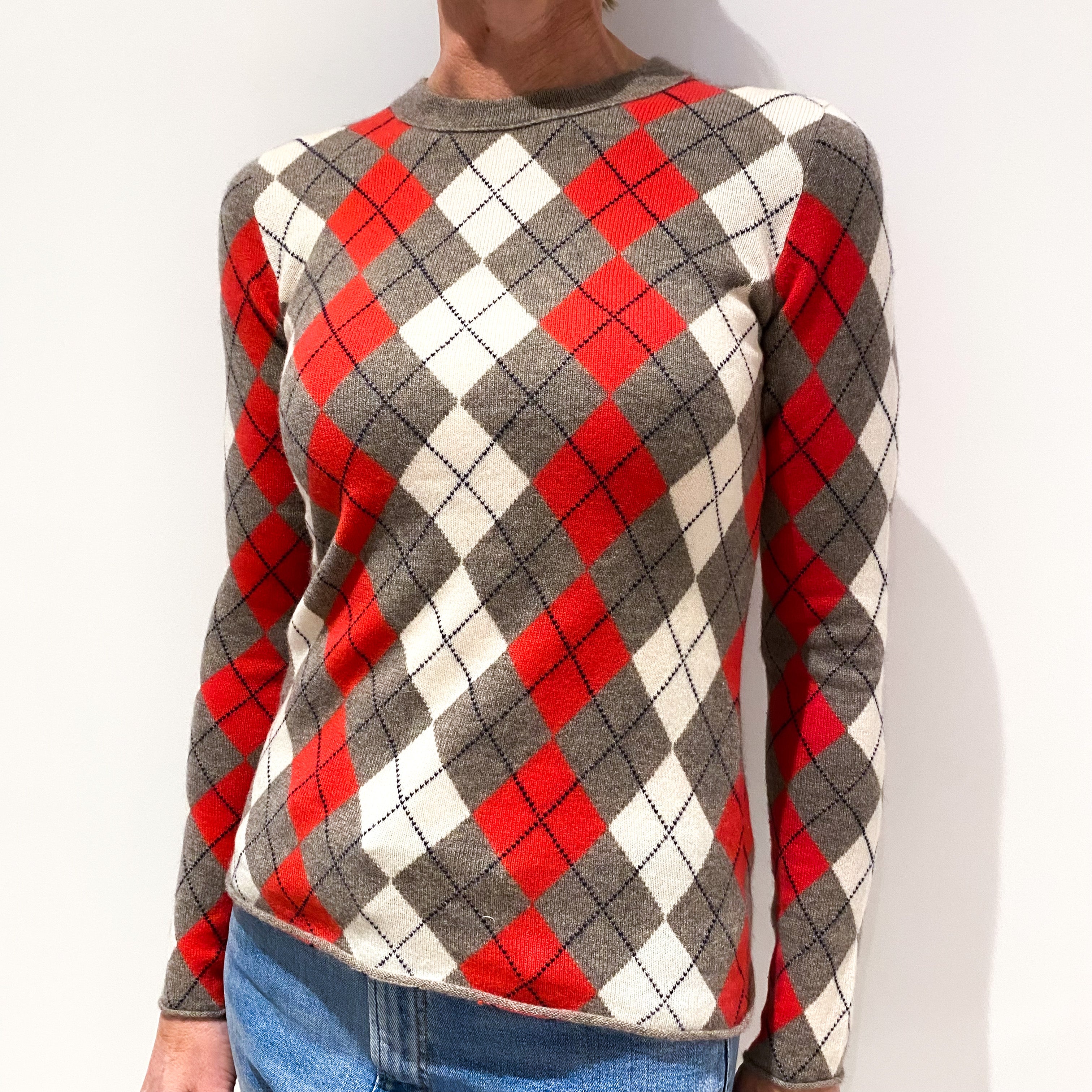 Red, Grey and Cream Argyle Cashmere Crew Neck Jumper Small