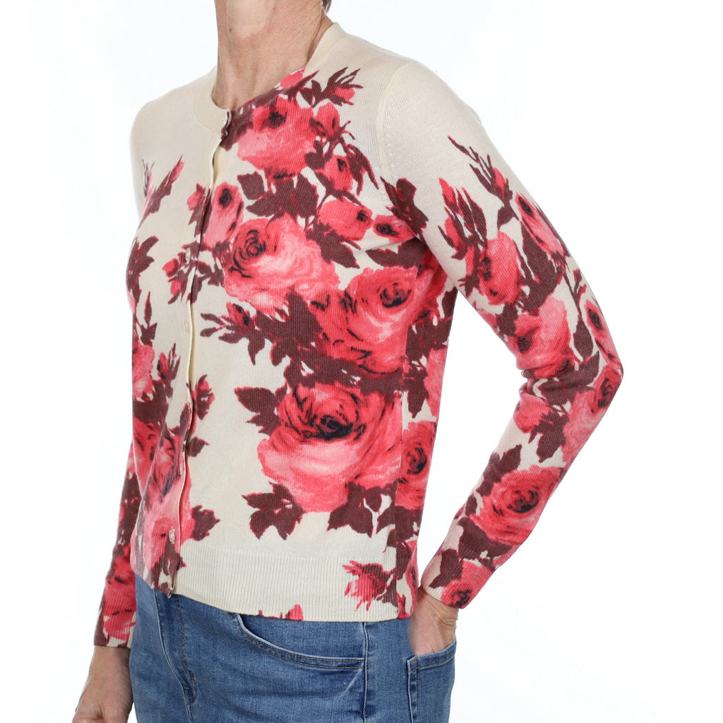 Cream and Pink Floral Cashmere Crew Neck Cardigan Small