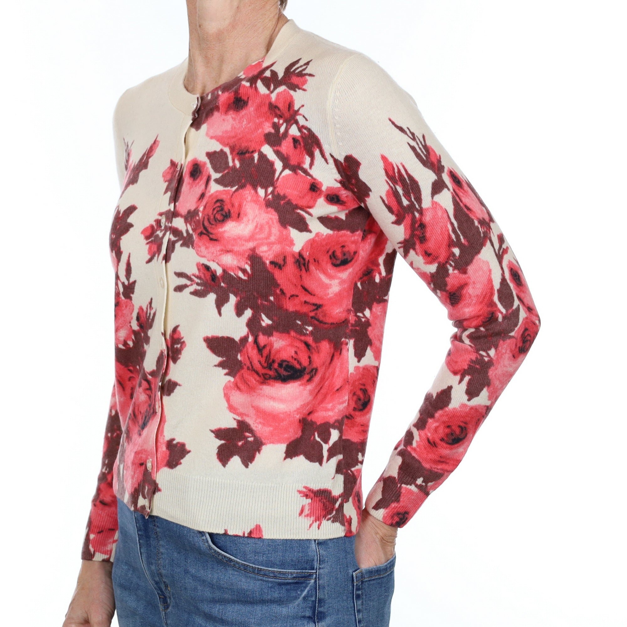 Cream and Pink Floral Cashmere Crew Neck Cardigan Small
