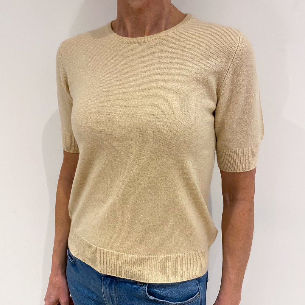 Beige Cashmere Short Sleeved Crew Neck Jumper Small