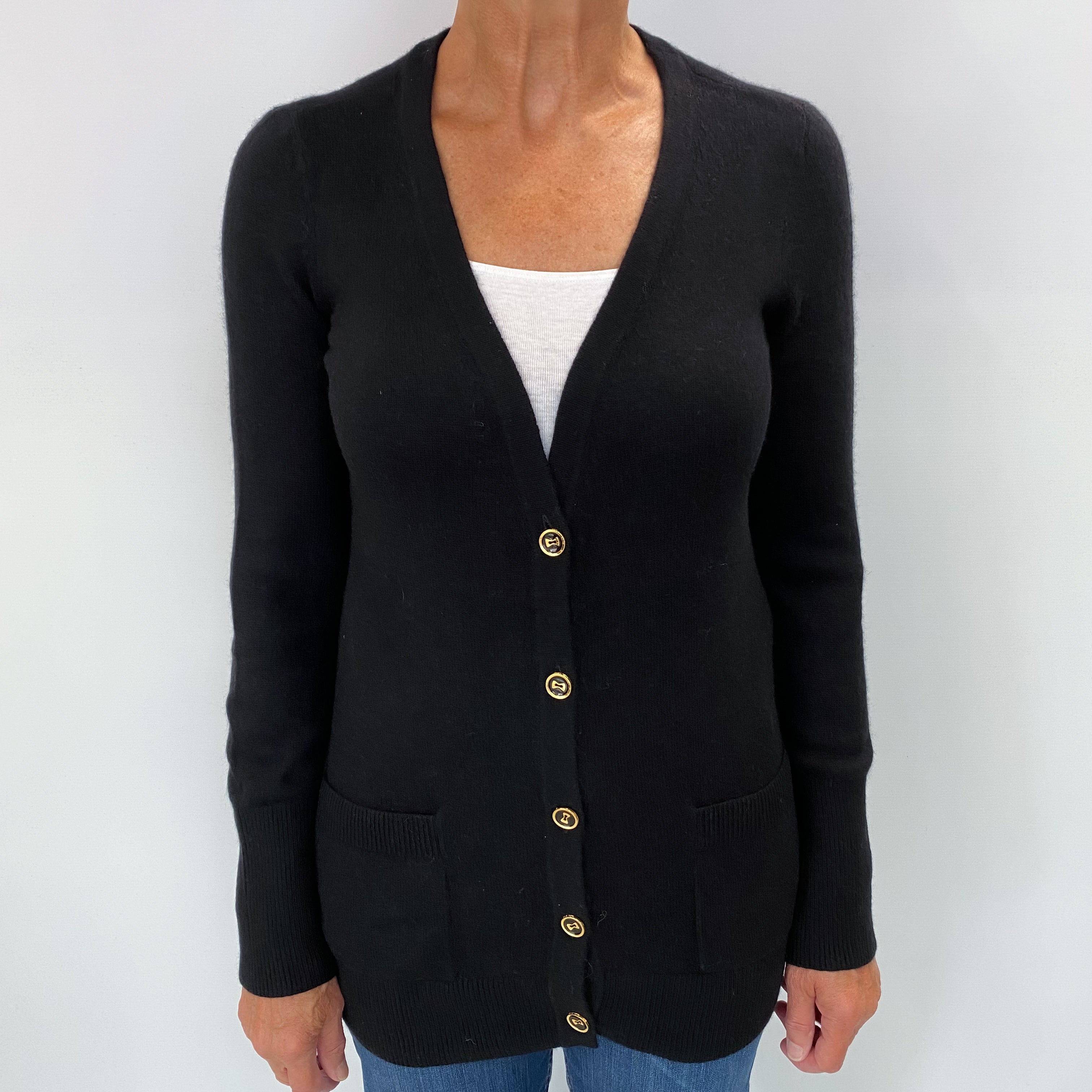Black Cashmere V Neck Cardigan Medium