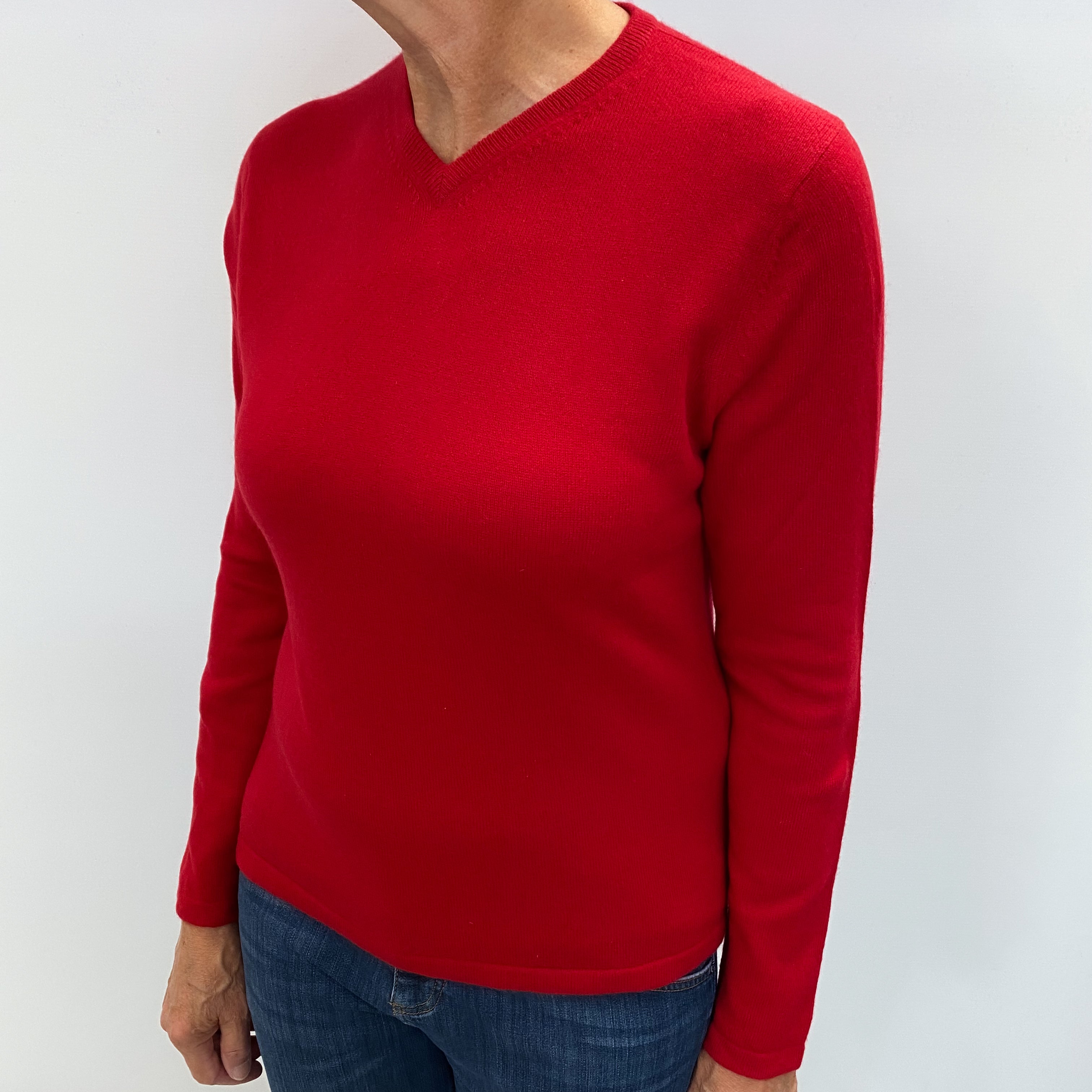 Post Box Red Cashmere V Neck Jumper Medium