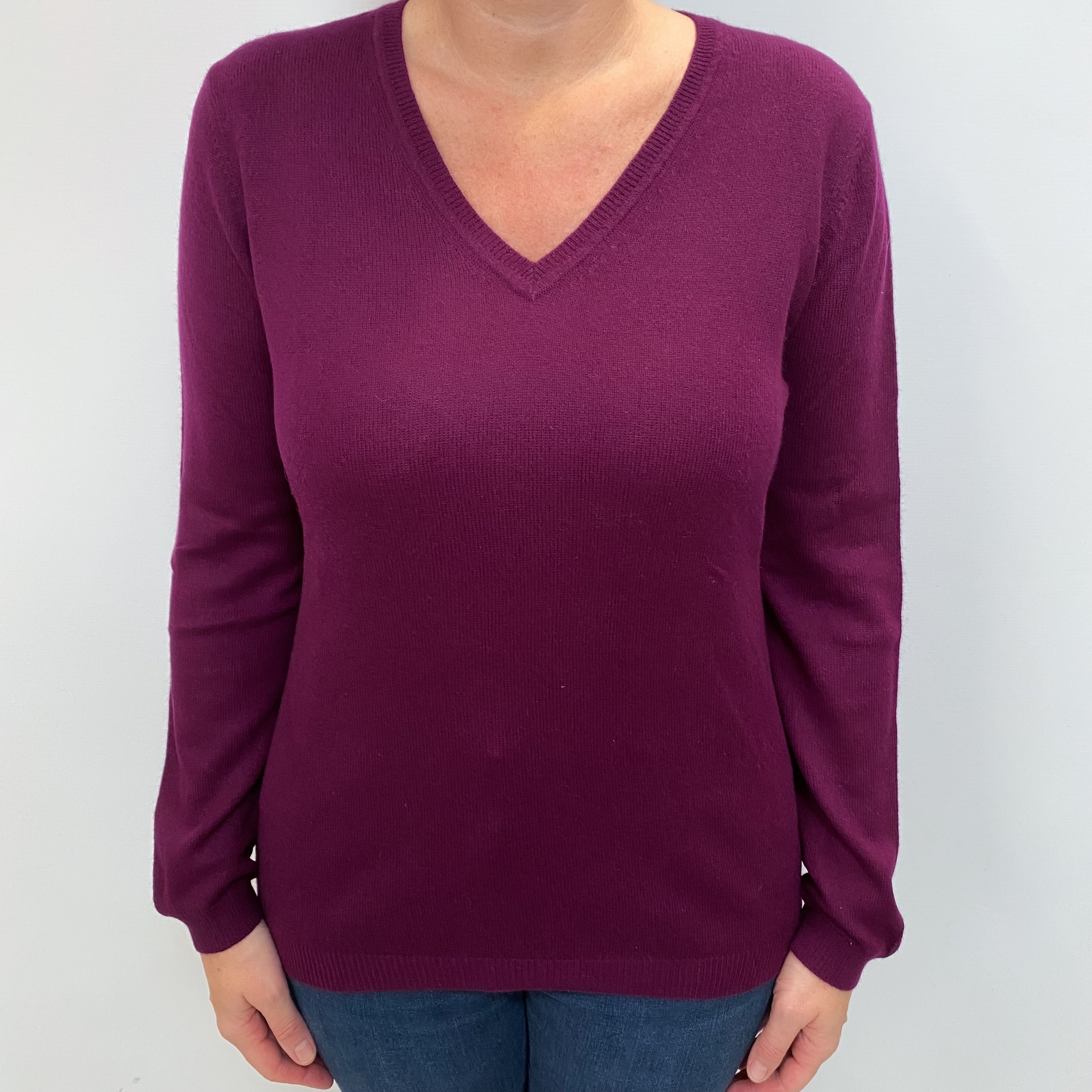 Aubergine Purple Cashmere V Neck Jumper Large