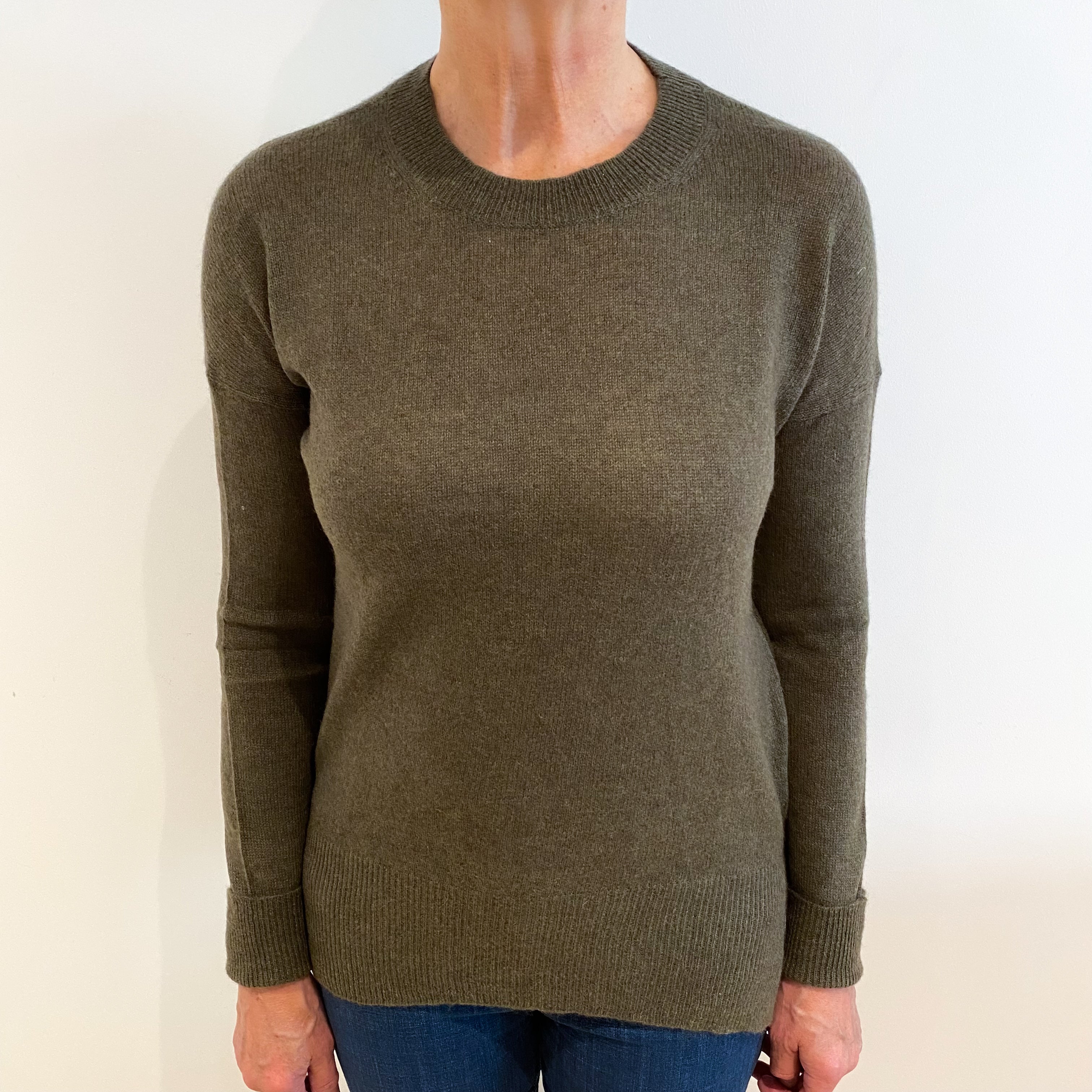 Khaki Green Lightweight Slouchy Cashmere Crew Neck Jumper Medium