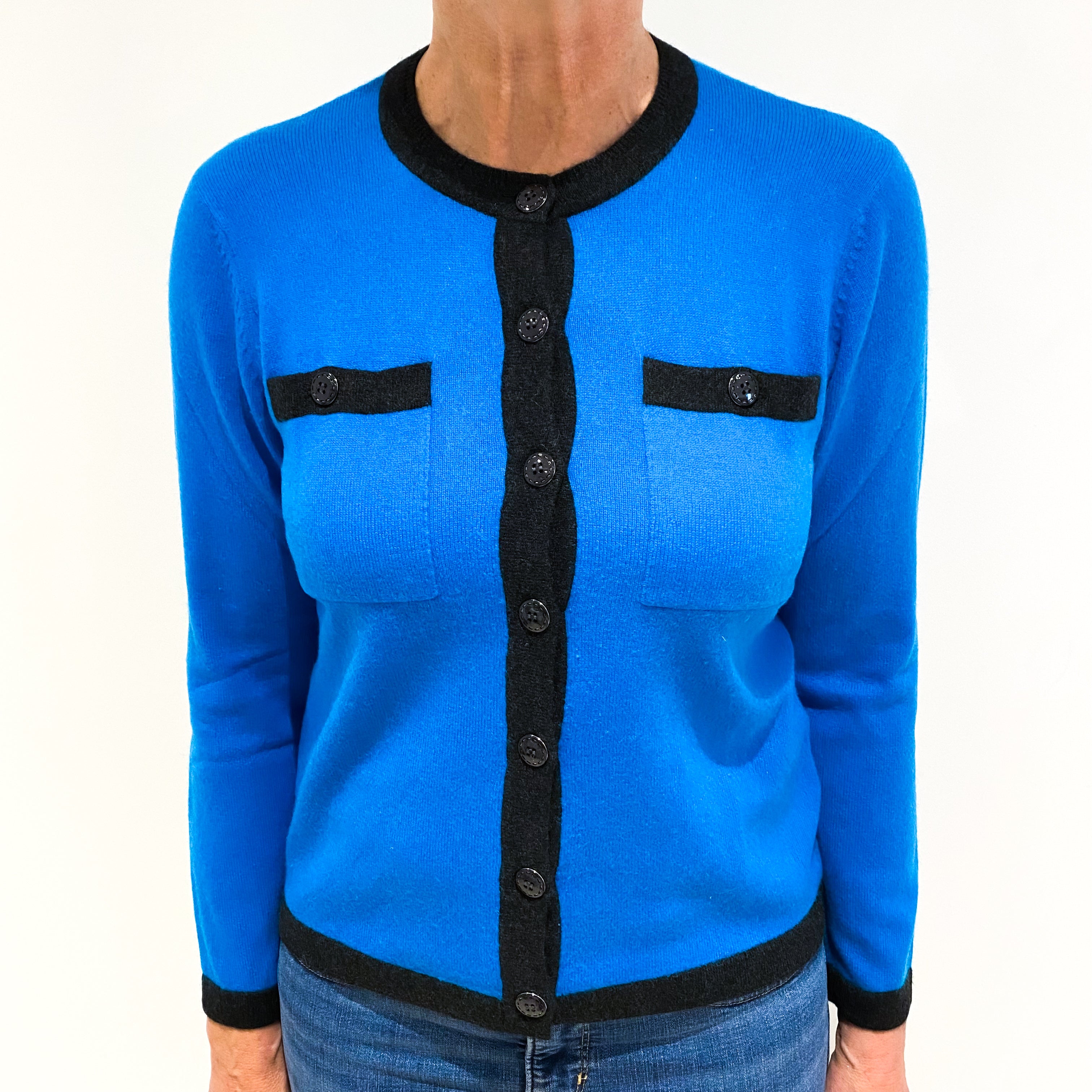 Teal Blue Grey Trim Cashmere Crew Neck Cardigan Medium