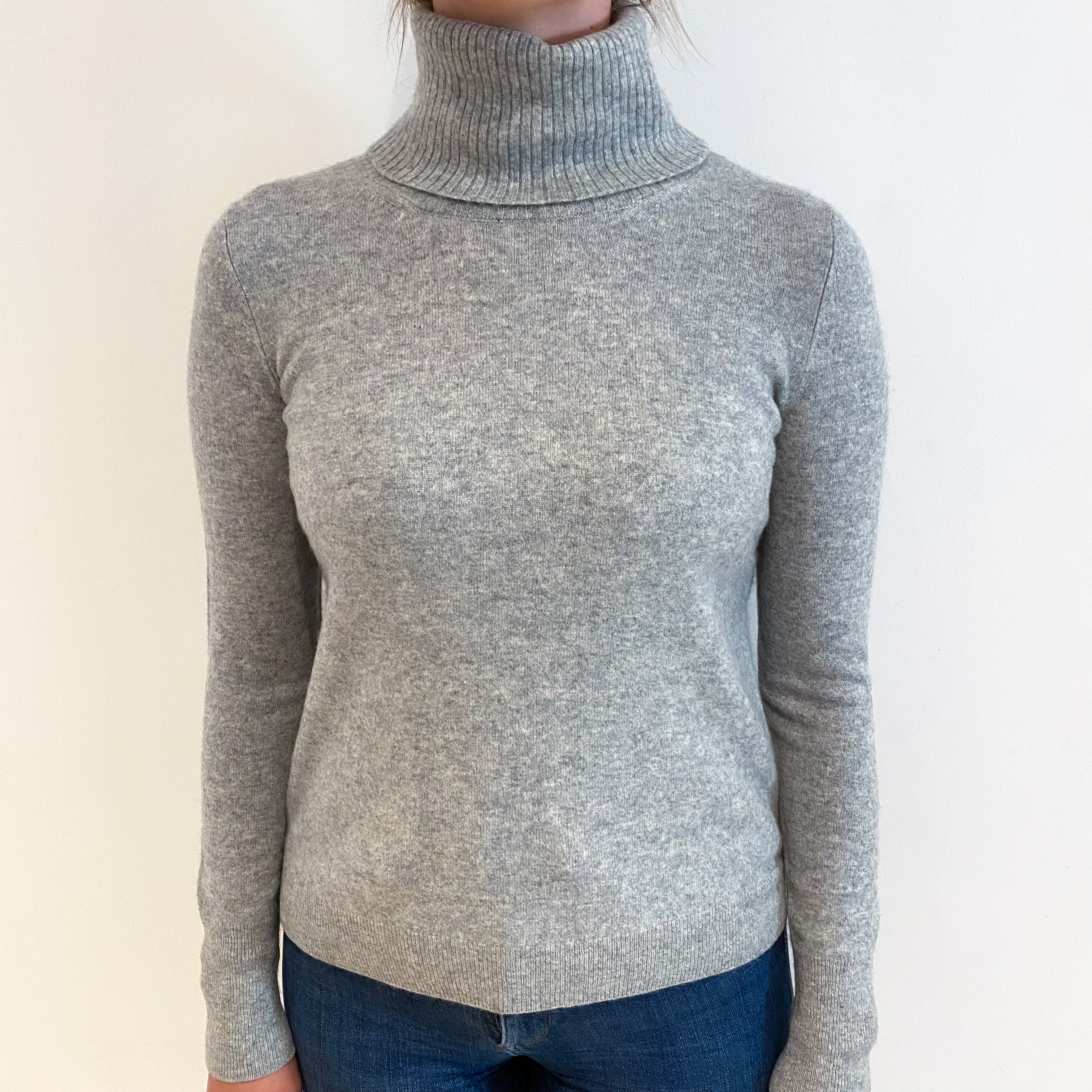 Smoke Grey Rib Detail Cashmere Polo Neck Jumper Small