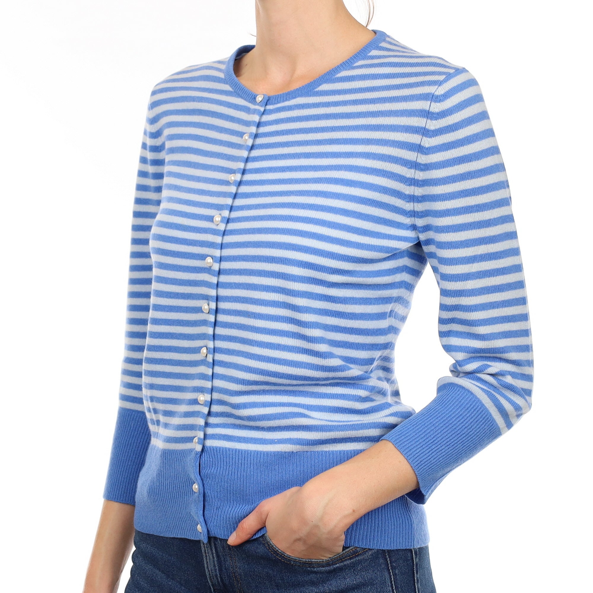 Blue Striped 3/4 Sleeve Cashmere Crew Neck Cardigan Small