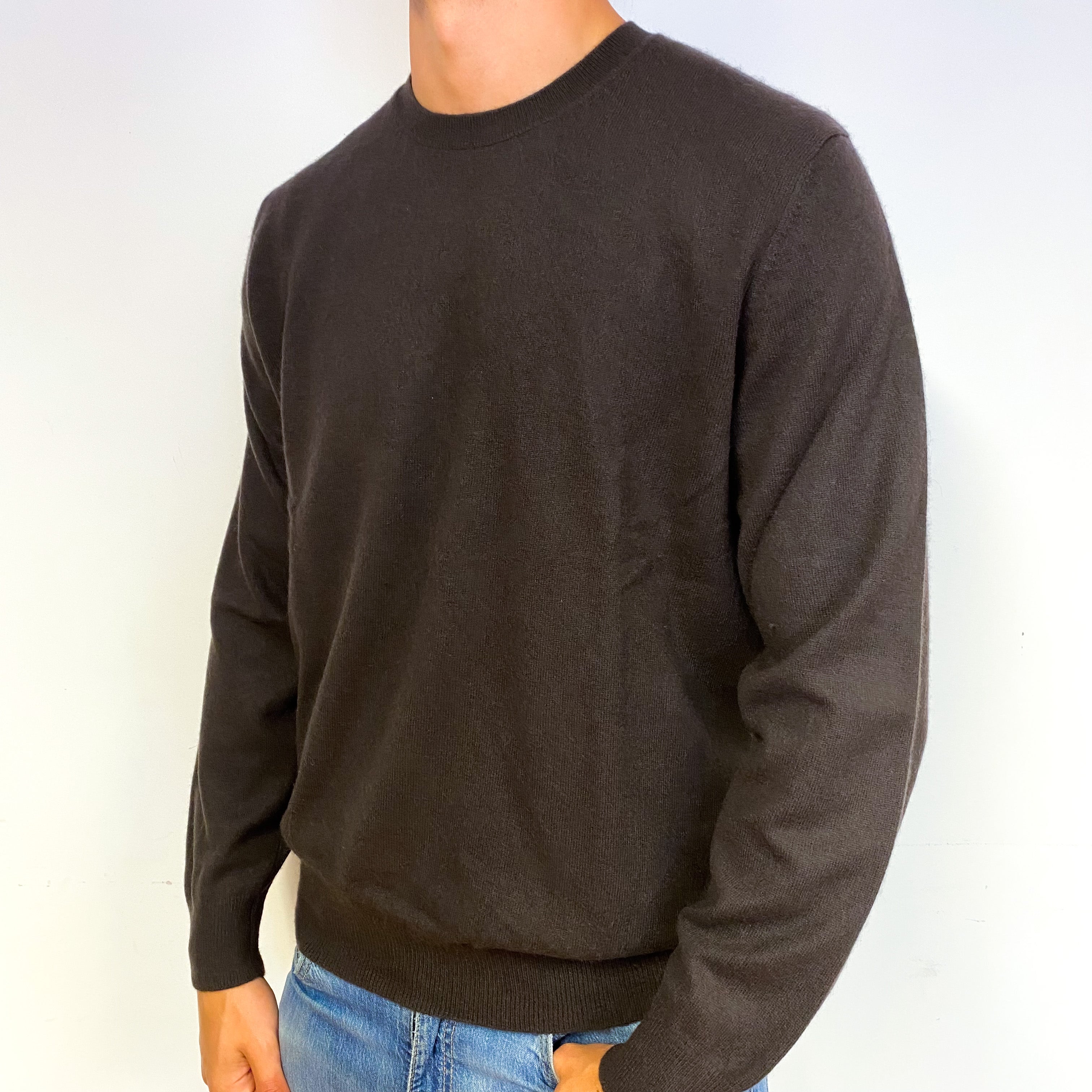 Dark Peppercorn Brown Men's Cashmere Crew Neck Jumper Extra Large