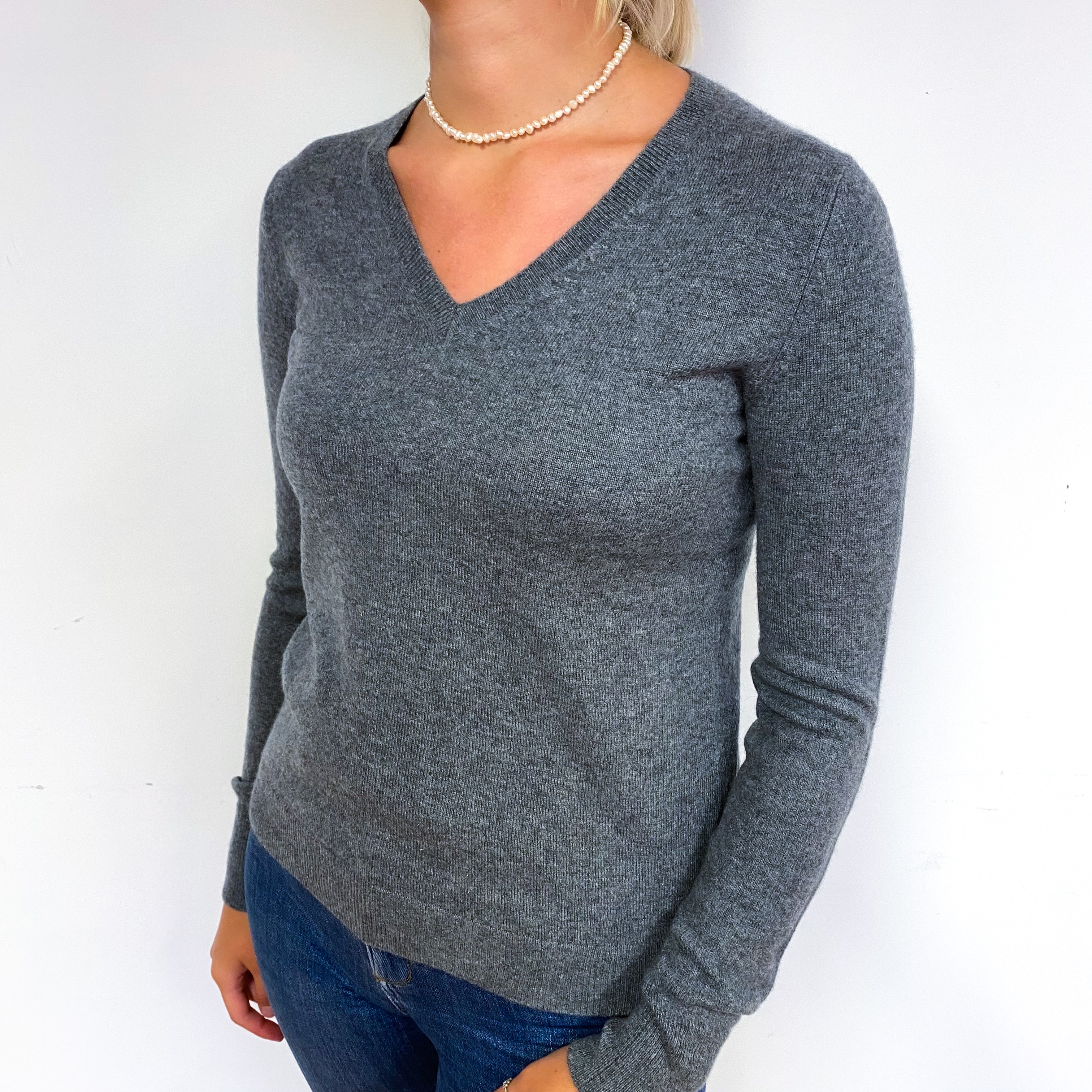 Slate Grey Cashmere V-Neck Jumper Small