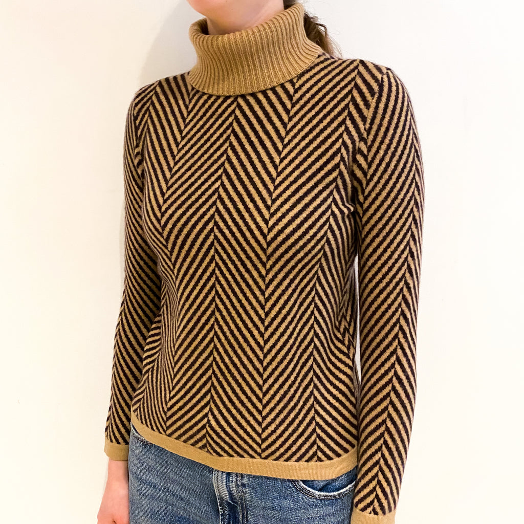 Camel Herringbone Cashmere Polo Neck Jumper Extra Small