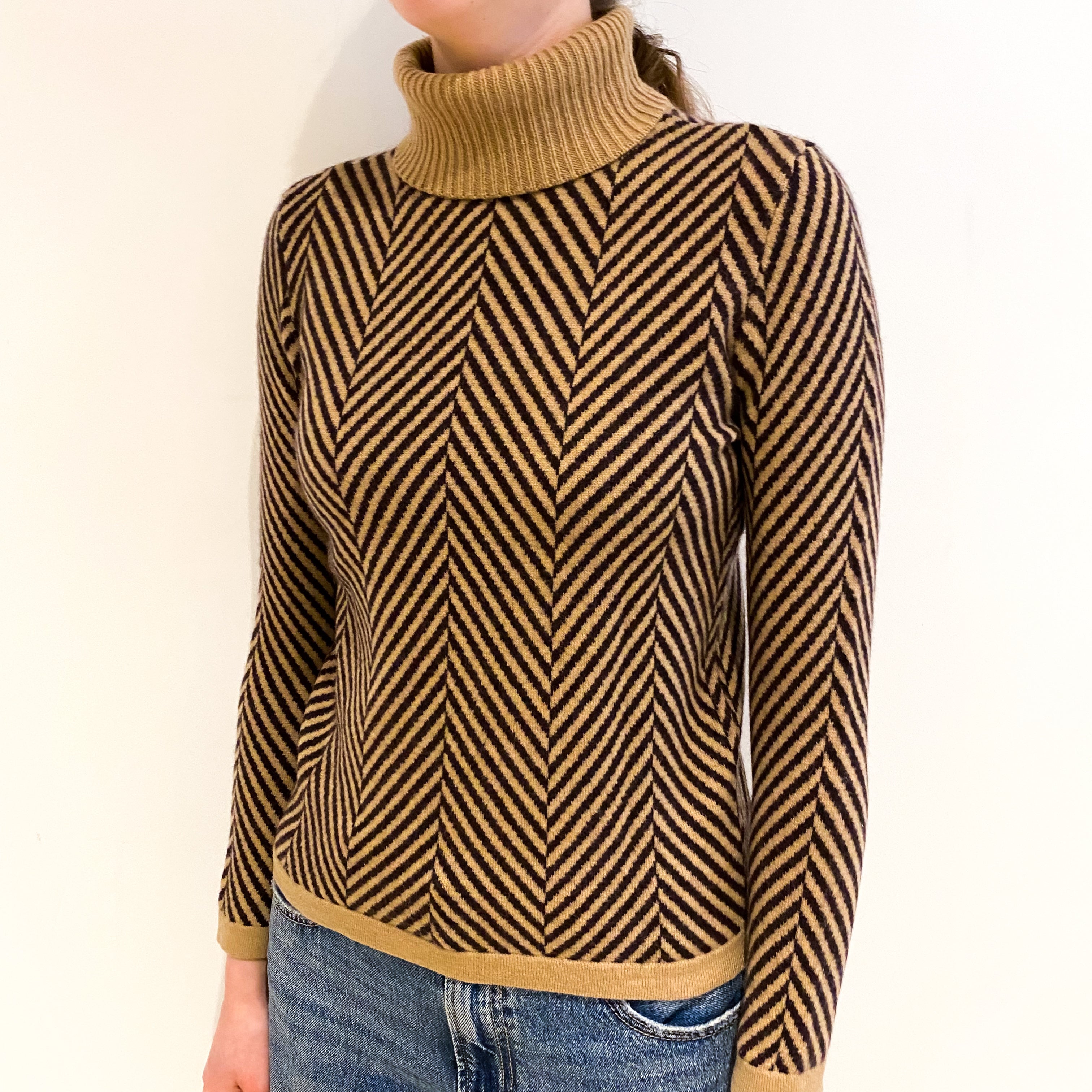 Camel Herringbone Cashmere Polo Neck Jumper Extra Small