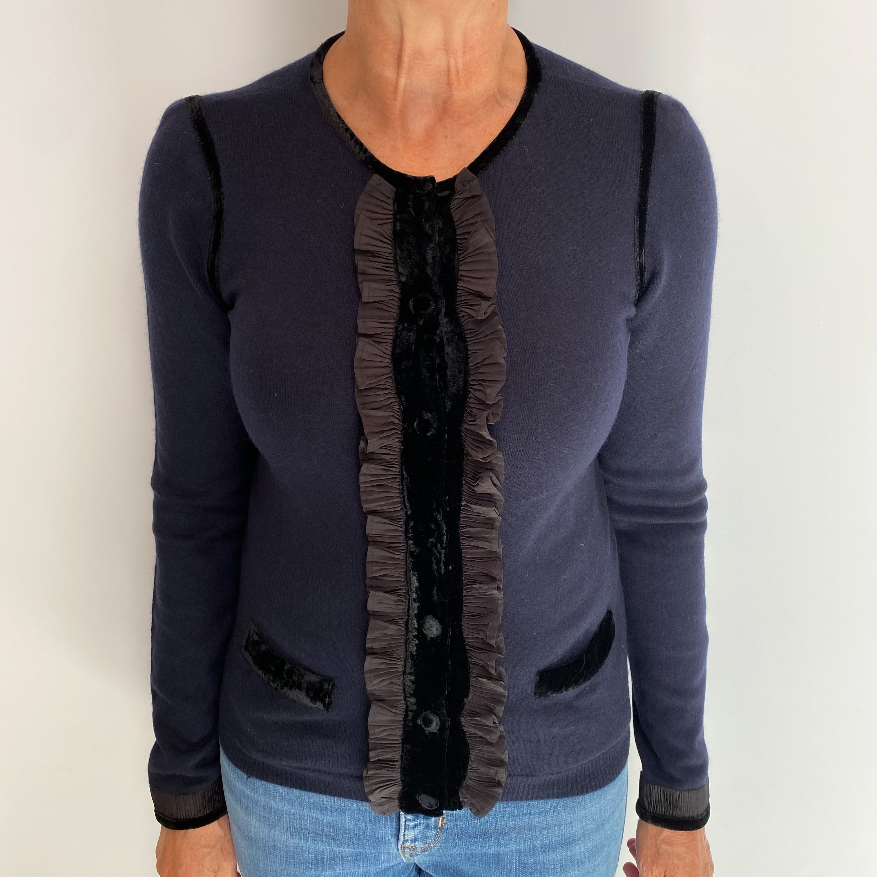 Navy Blue Cashmere Crew Neck Cardigan Medium