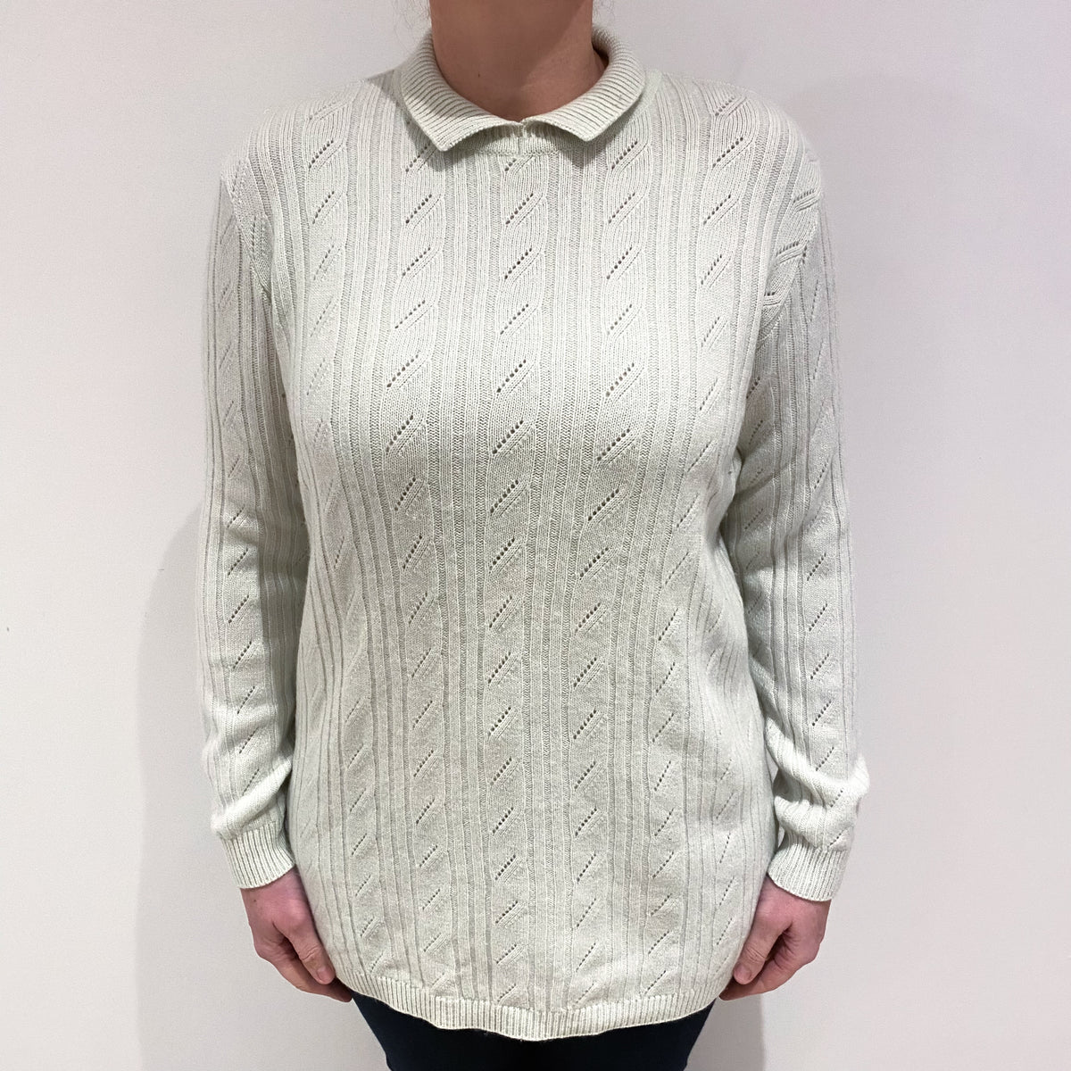 Celery Green Cashmere Collared Crew Neck Jumper Large