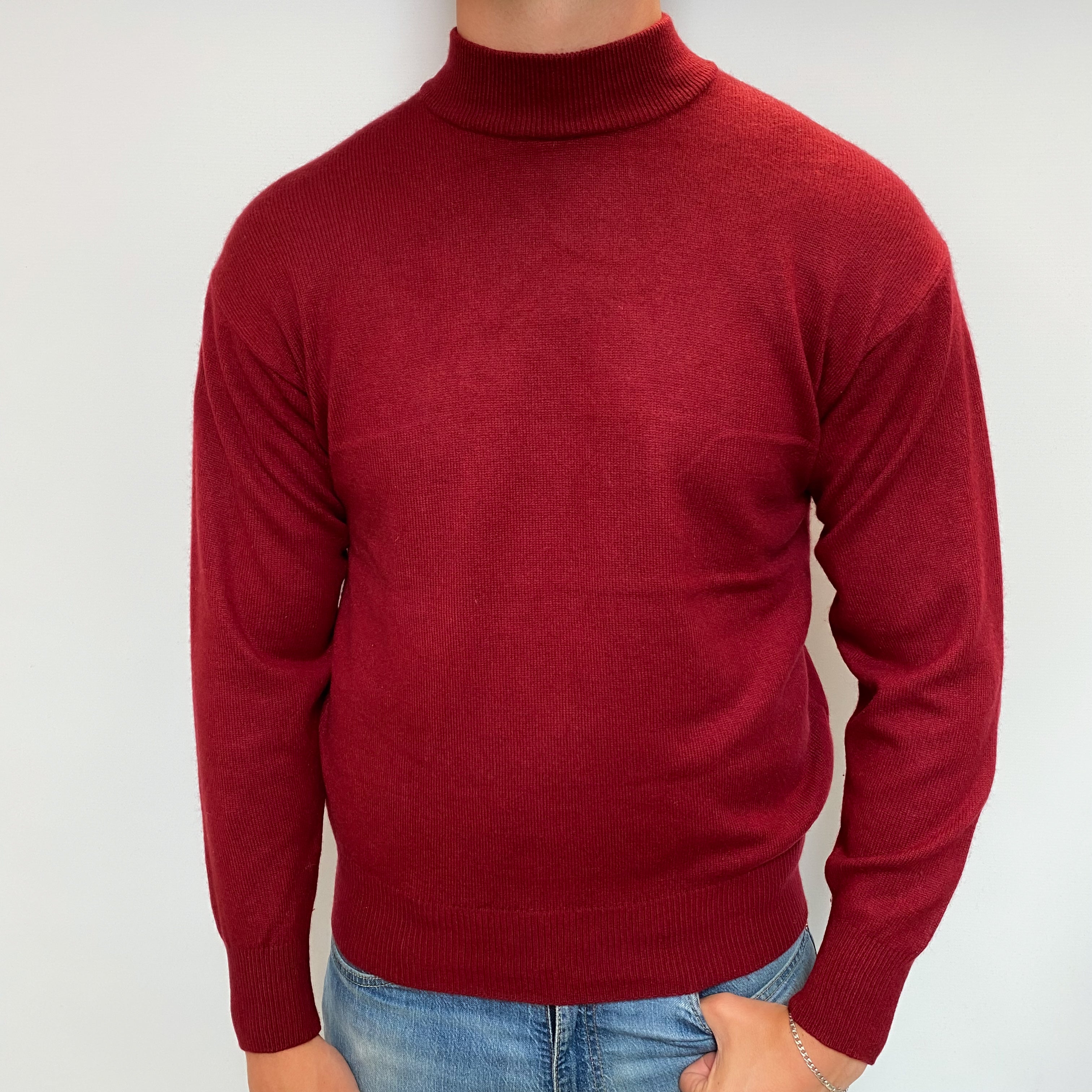 Men's Burgundy Red Cashmere Turtle Neck Jumper XL