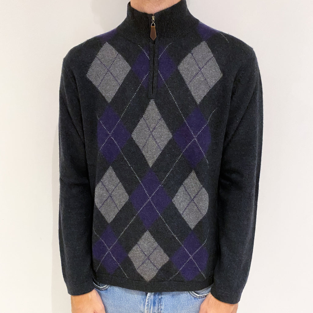 Men's Grey Purple Argyle Cashmere 1/4 Zip Jumper Large