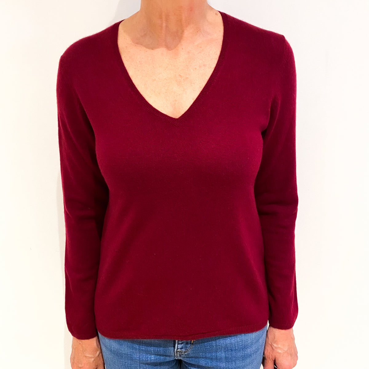 Burgundy Red Cashmere V Neck Jumper Medium