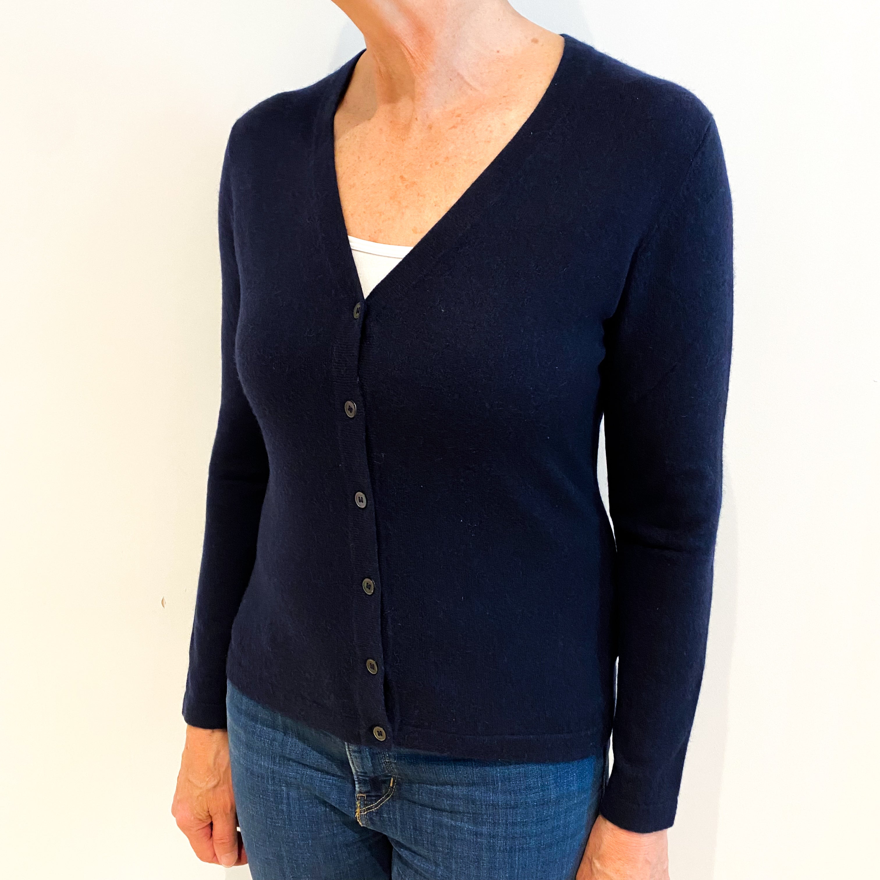 Navy Blue Cashmere V Neck Cardigan Medium