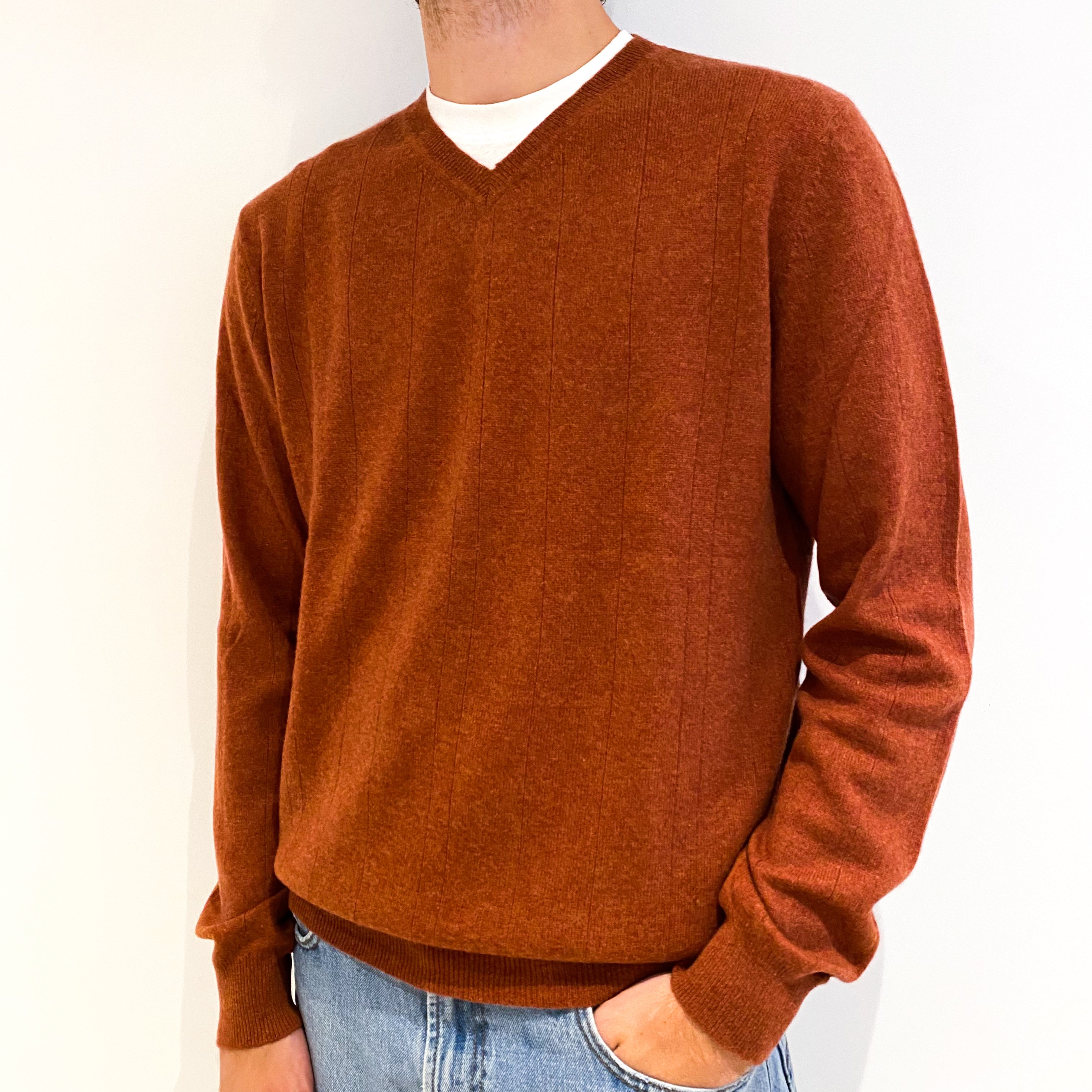 Men's Rusty Orange Stripe Cashmere V-Neck Jumper Large