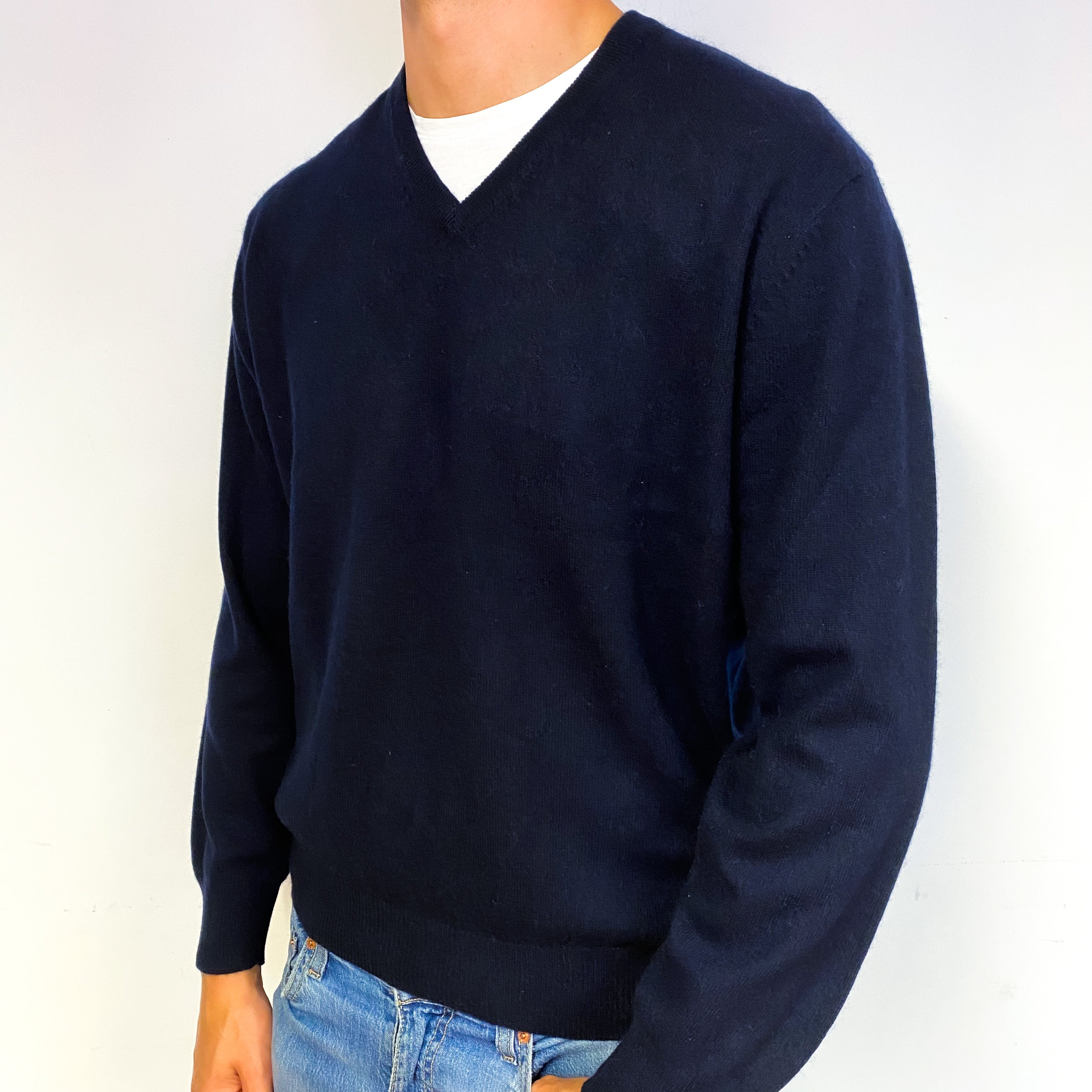 Men's Navy Blue Cashmere V-Neck Jumper Extra Large