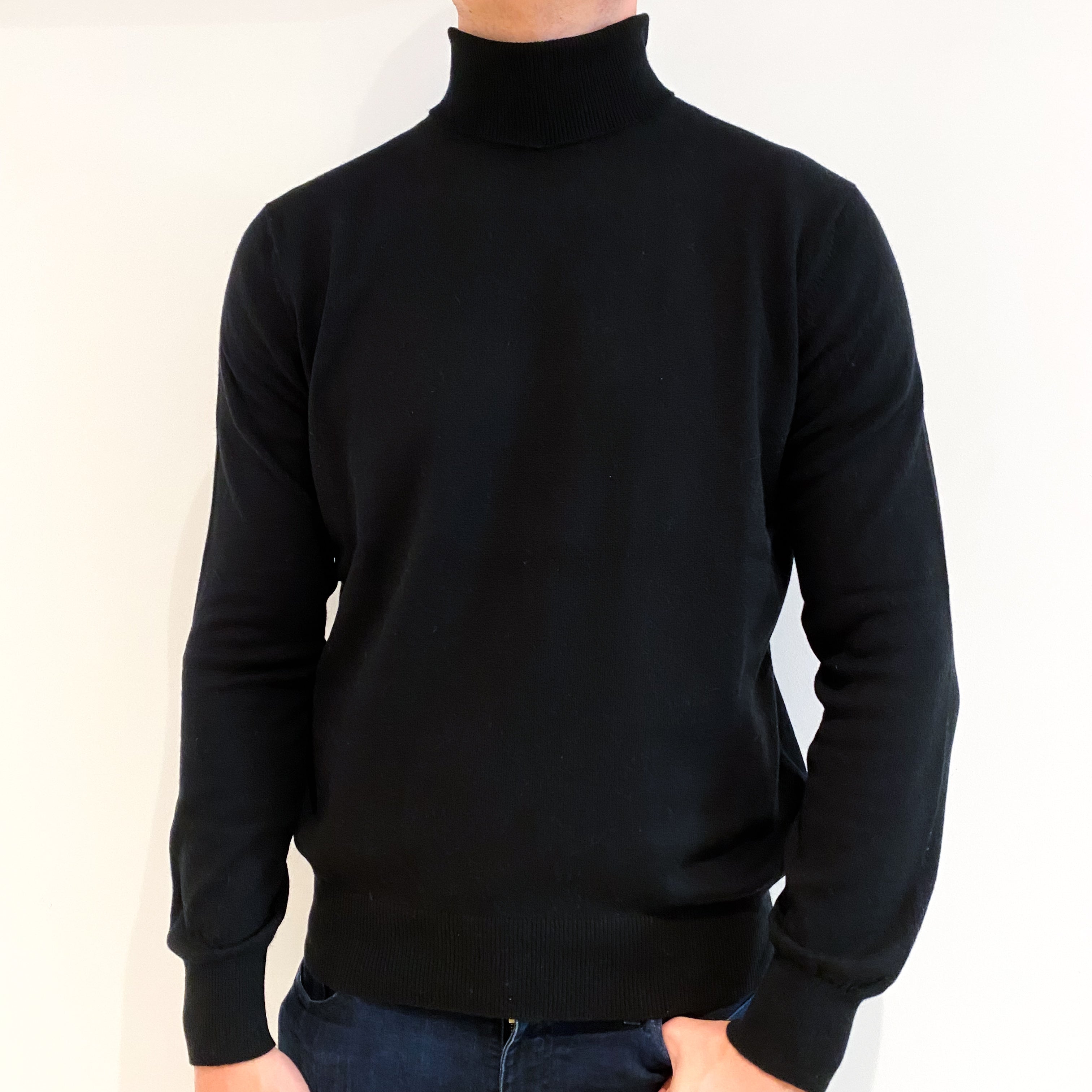 Men's Black Cashmere Polo Neck Jumper Extra Large