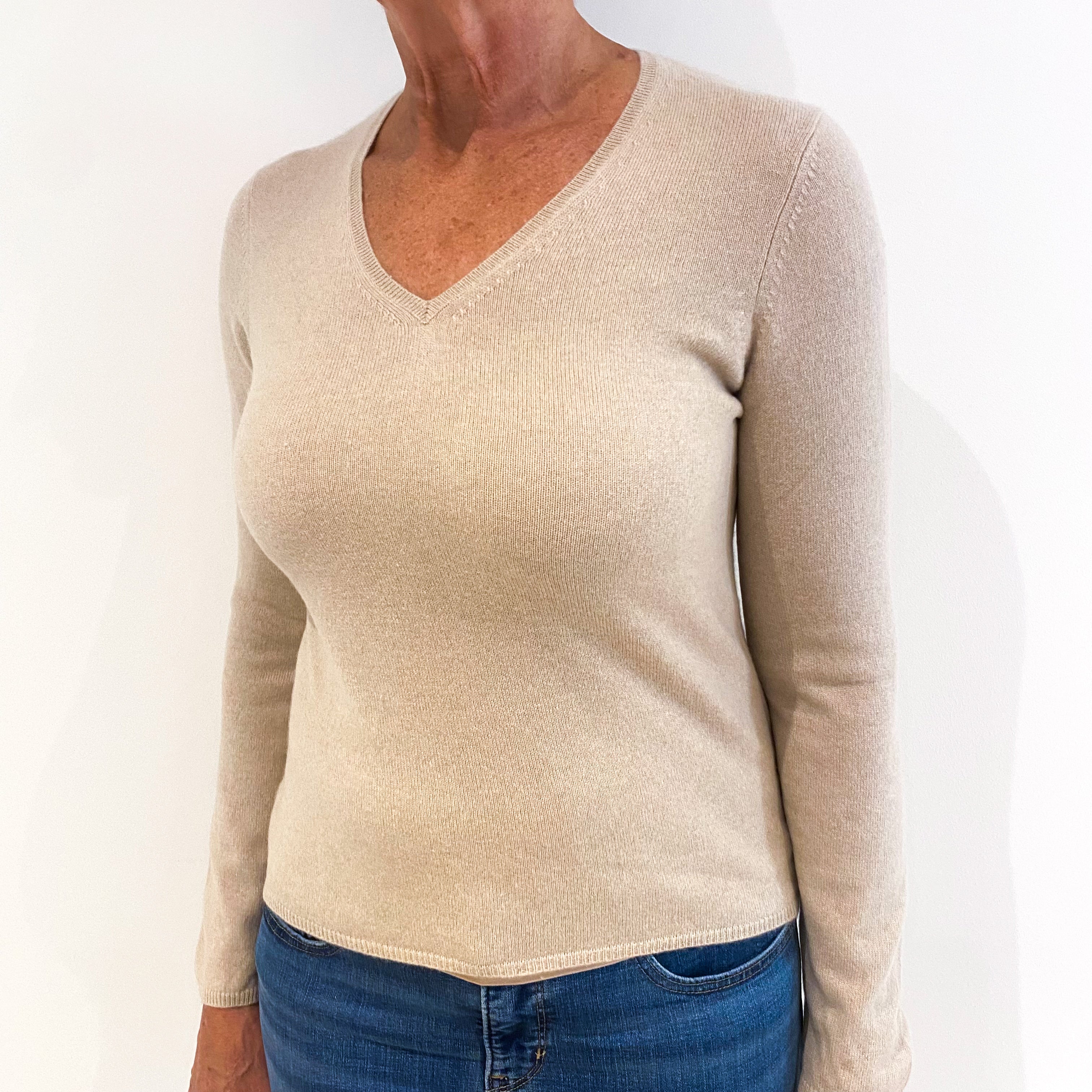 Soft Fawn Beige Cashmere V-Neck Jumper Medium