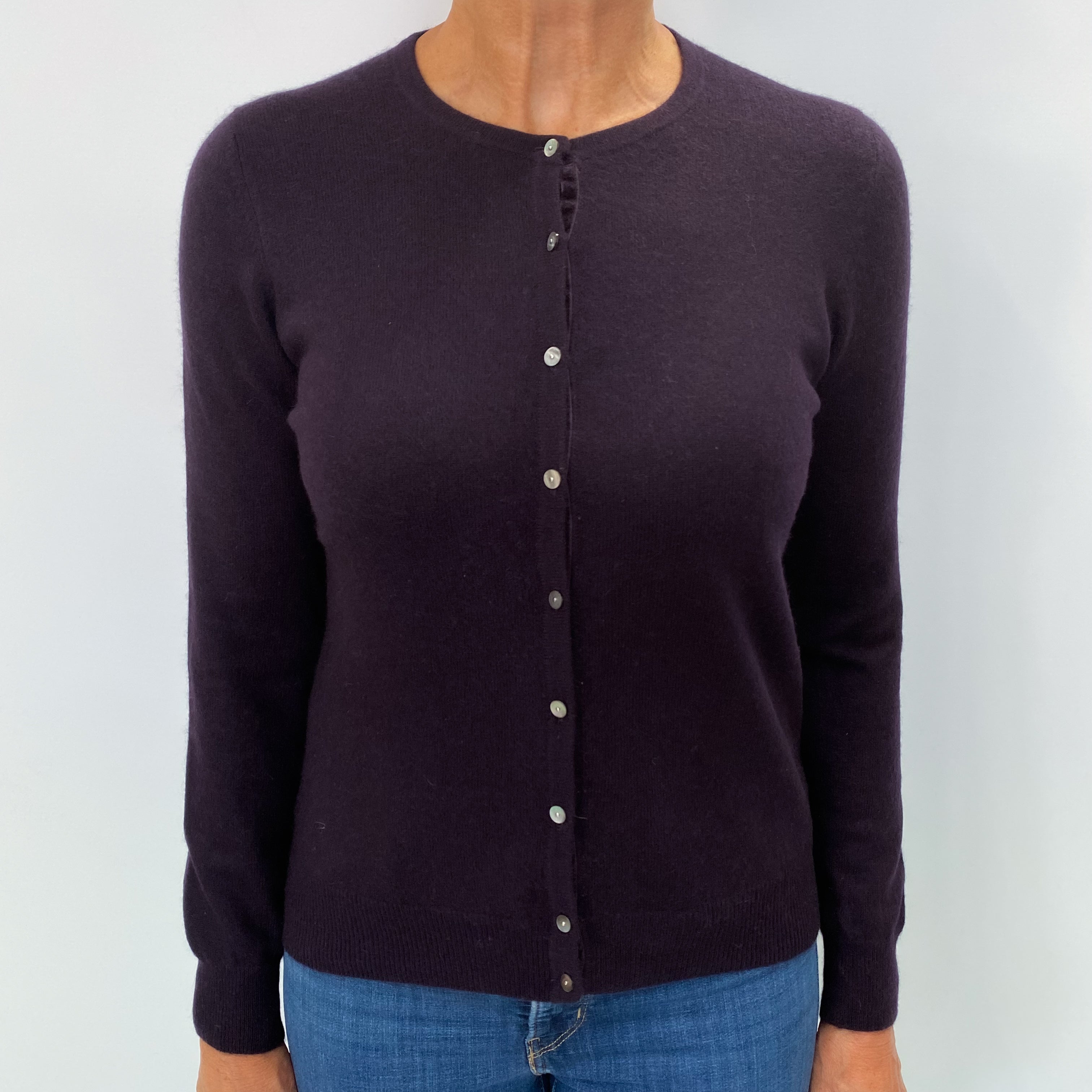 Dark Aubergine Cashmere Crew Neck Cardigan Medium