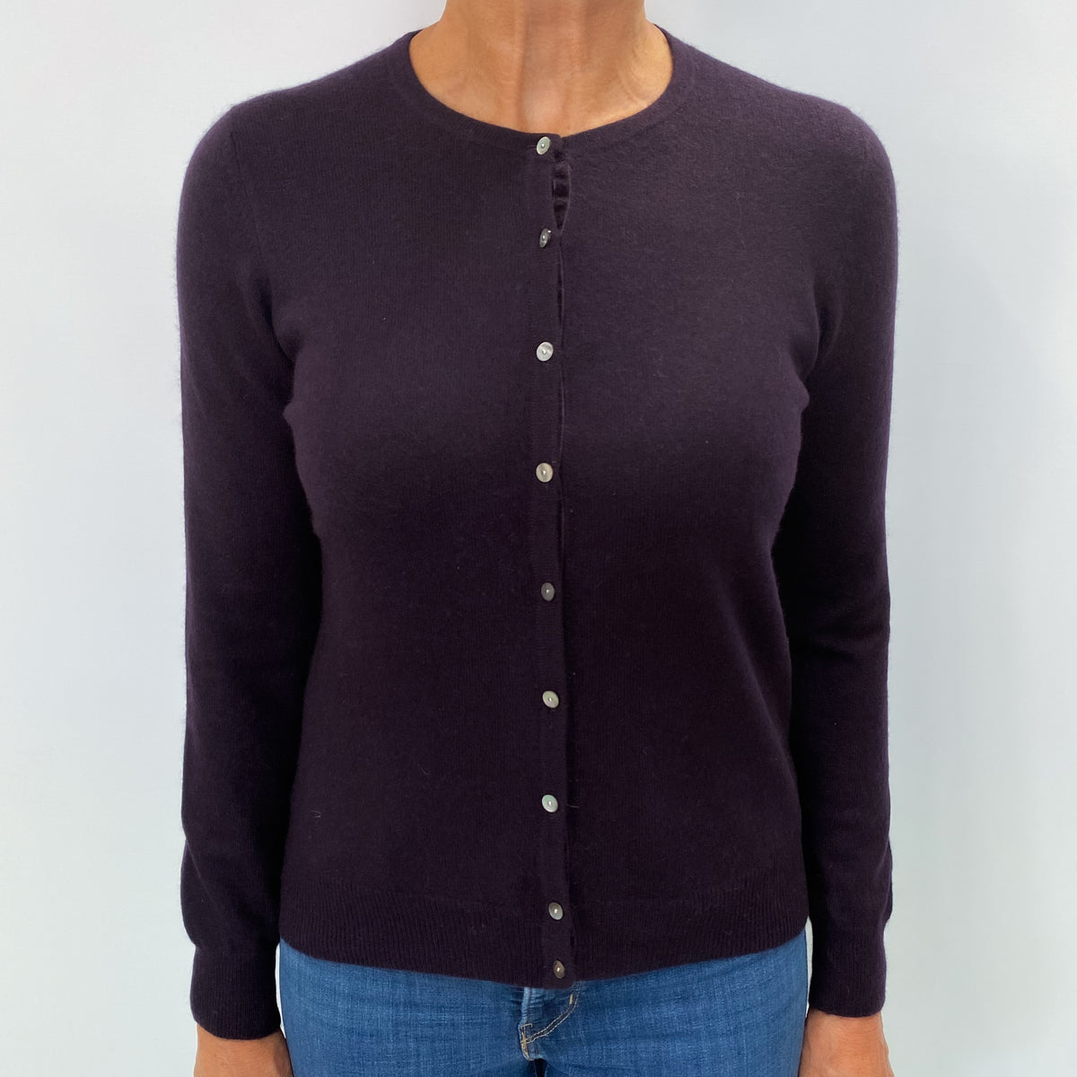 Dark Aubergine Cashmere Crew Neck Cardigan Medium