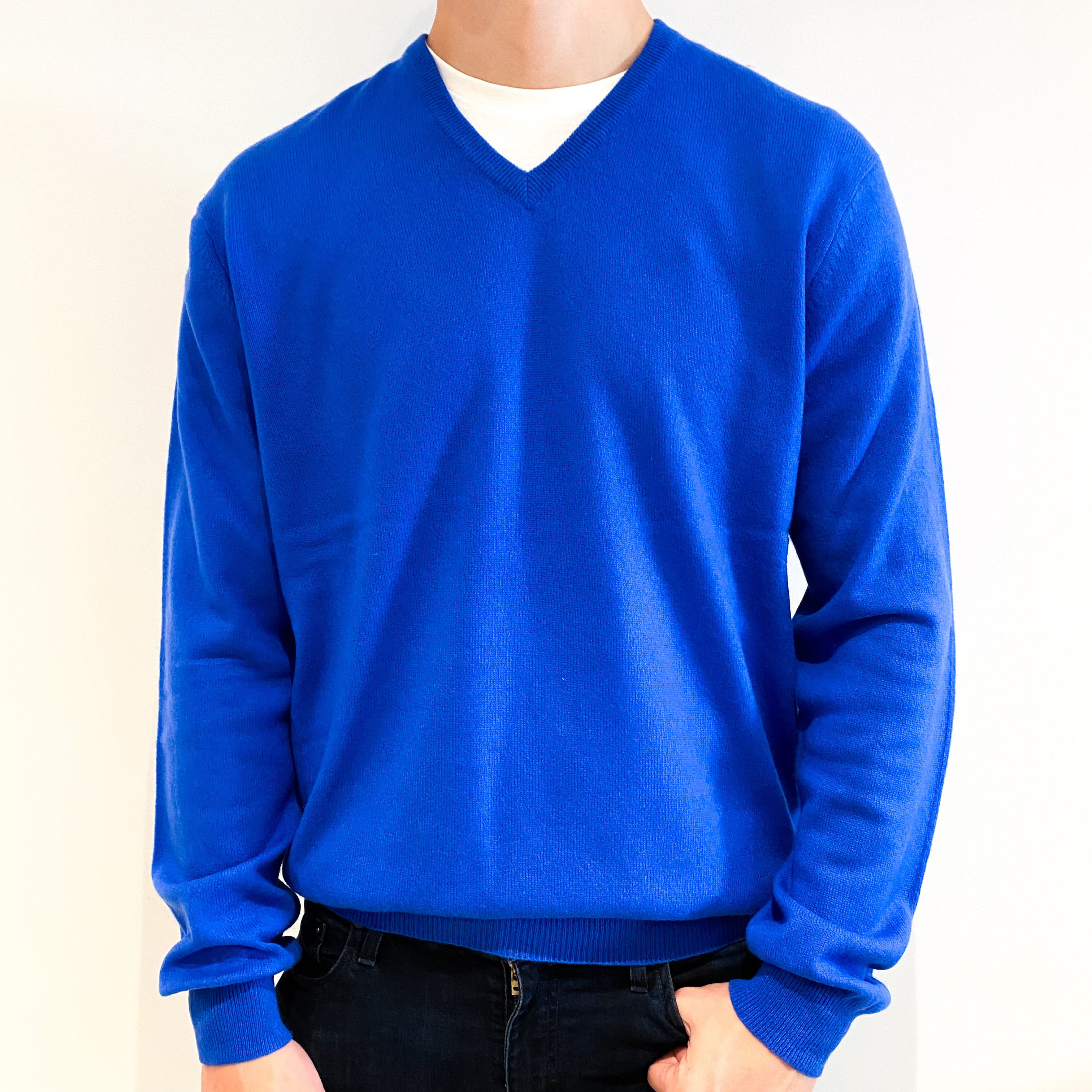 Men's Cobalt Blue Cashmere V-Neck Jumper Extra Large