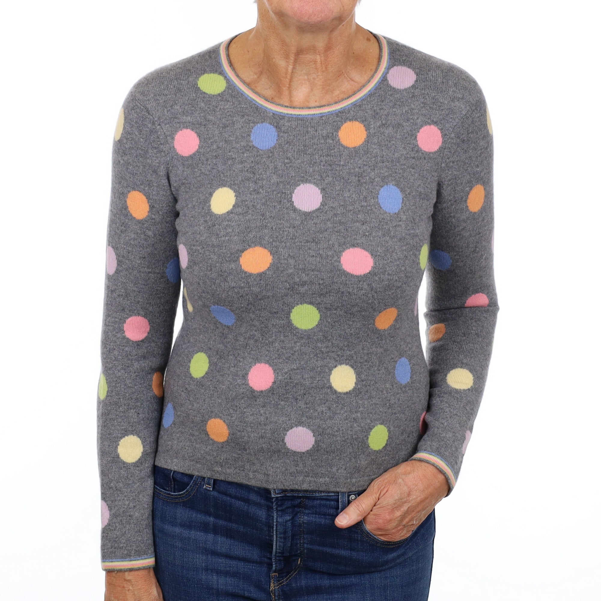 Charcoal Grey Polka Dot Cashmere Crew Neck Jumper Medium