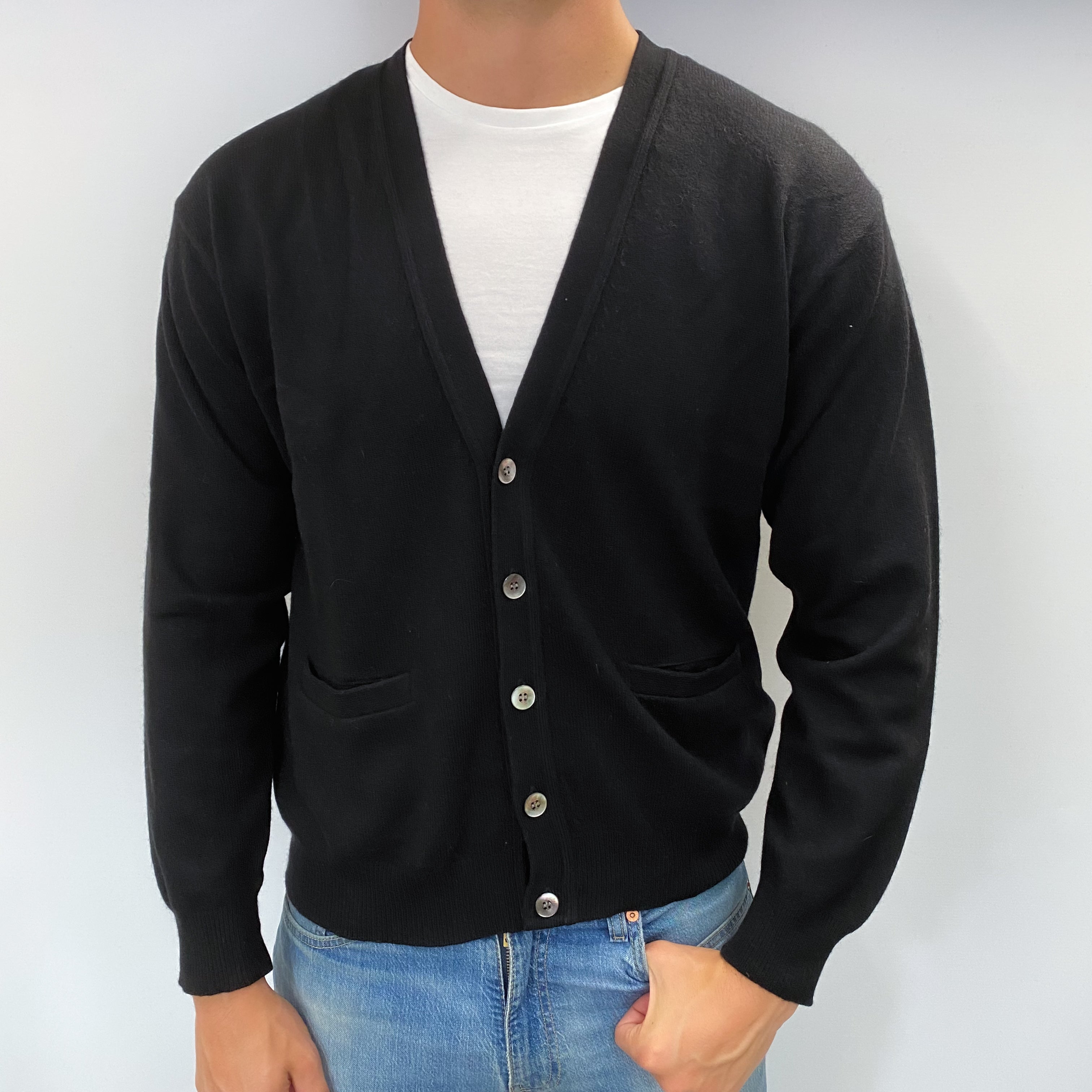 Men's Black Cashmere V Neck Cardigan XL