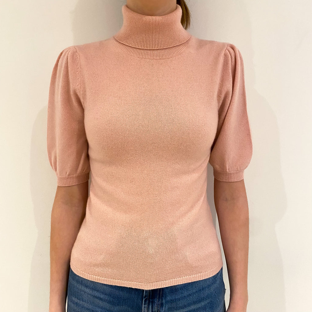 Shell Pink Cashmere Short Blouse Sleeve Polo Neck Jumper Extra Small