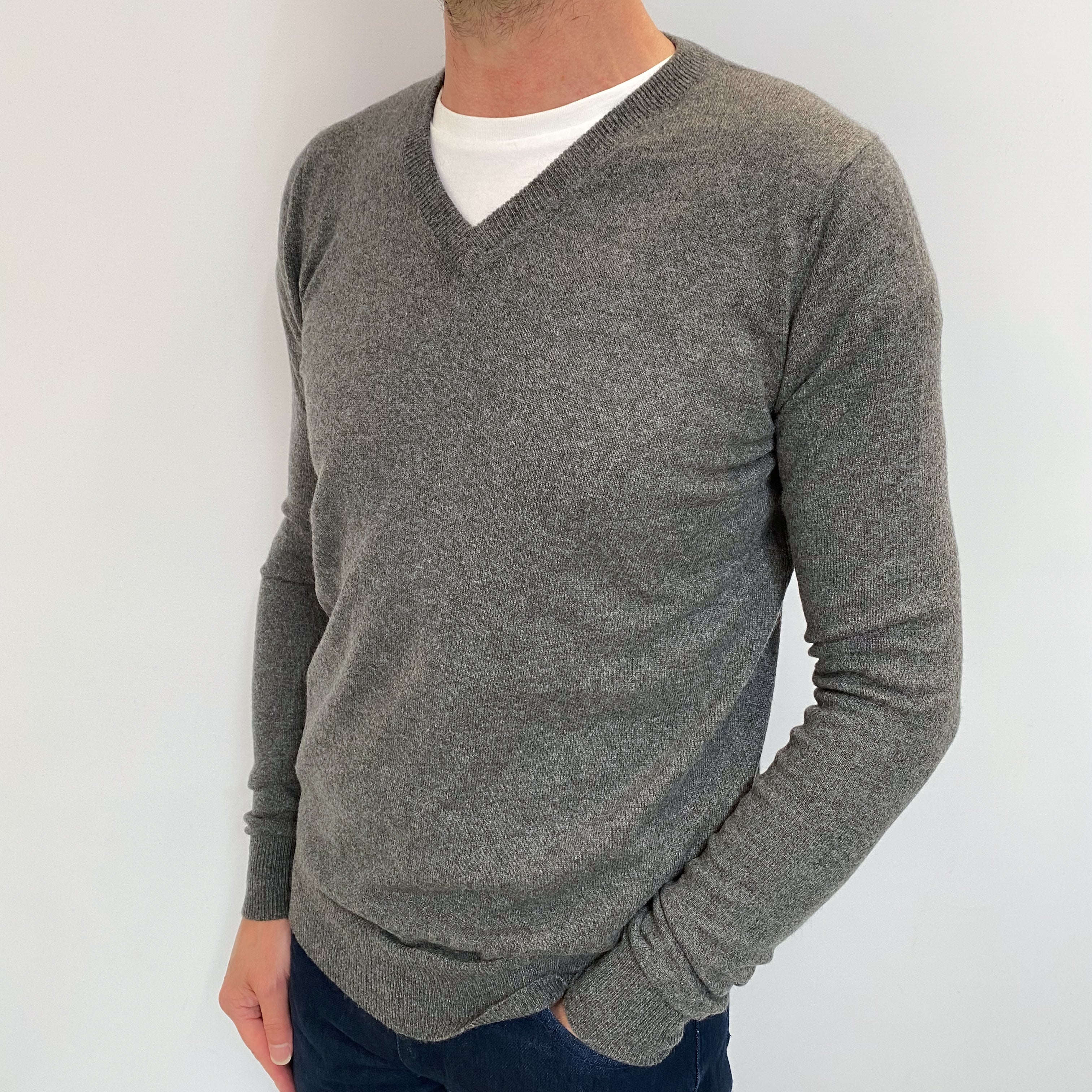 Men's Slate Grey Cashmere V Neck Jumper Small