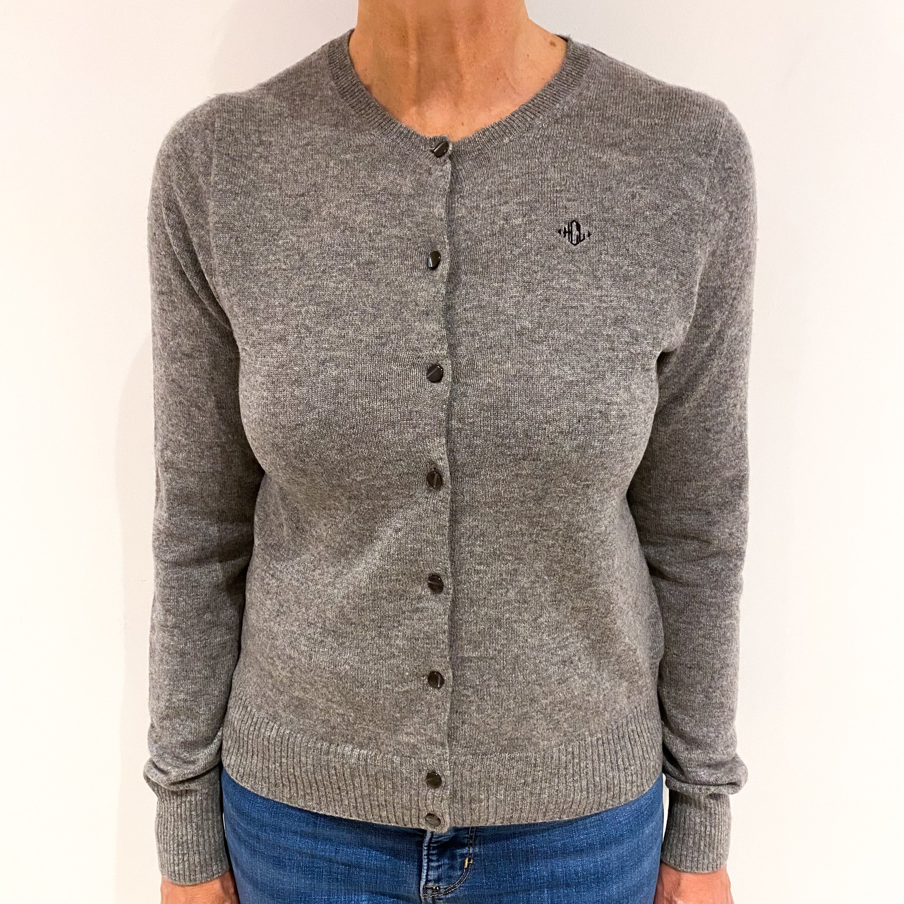 Steel Grey Cashmere Crew Neck Cardigan Medium