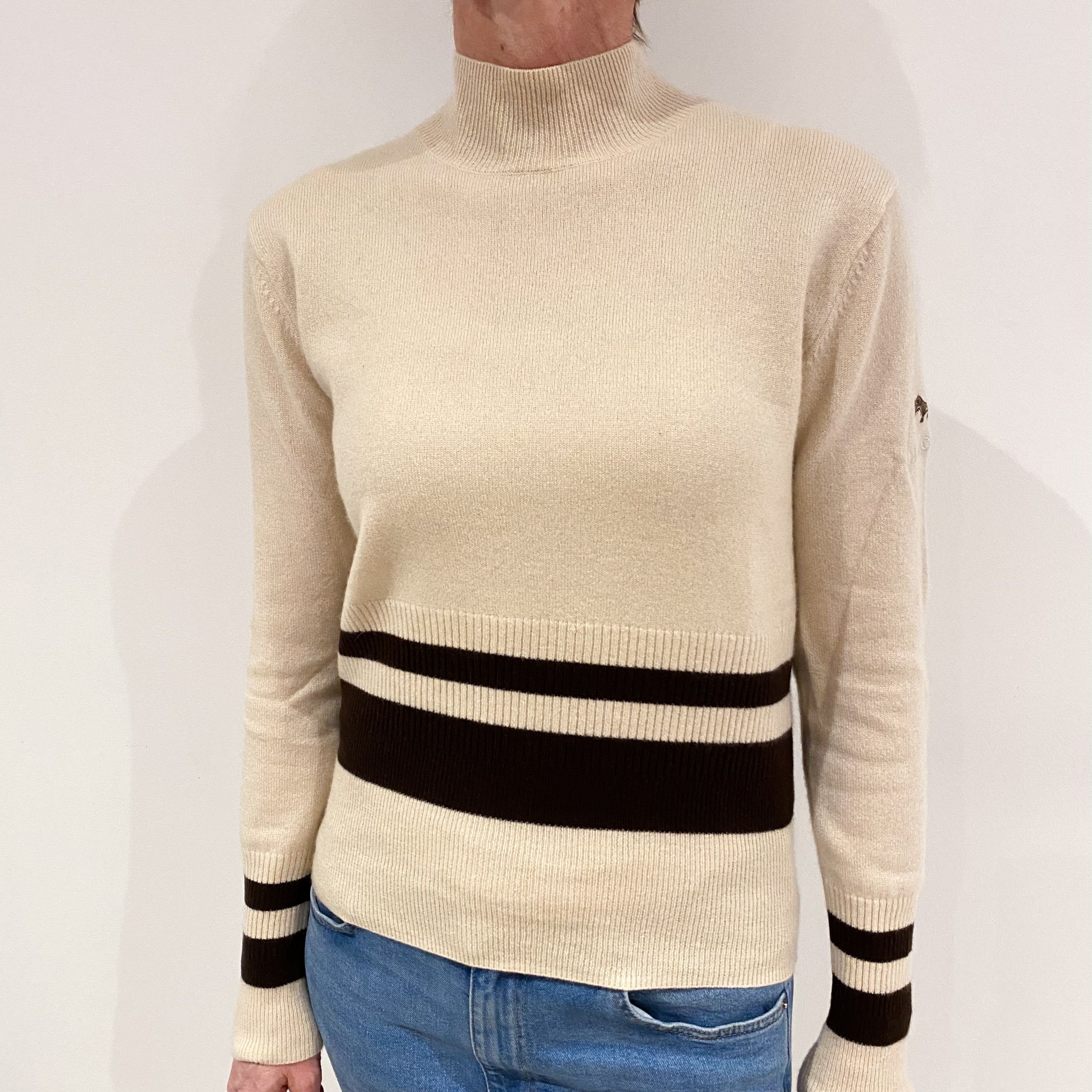 Soft Beige Striped Cashmere Turtle Neck Jumper Small