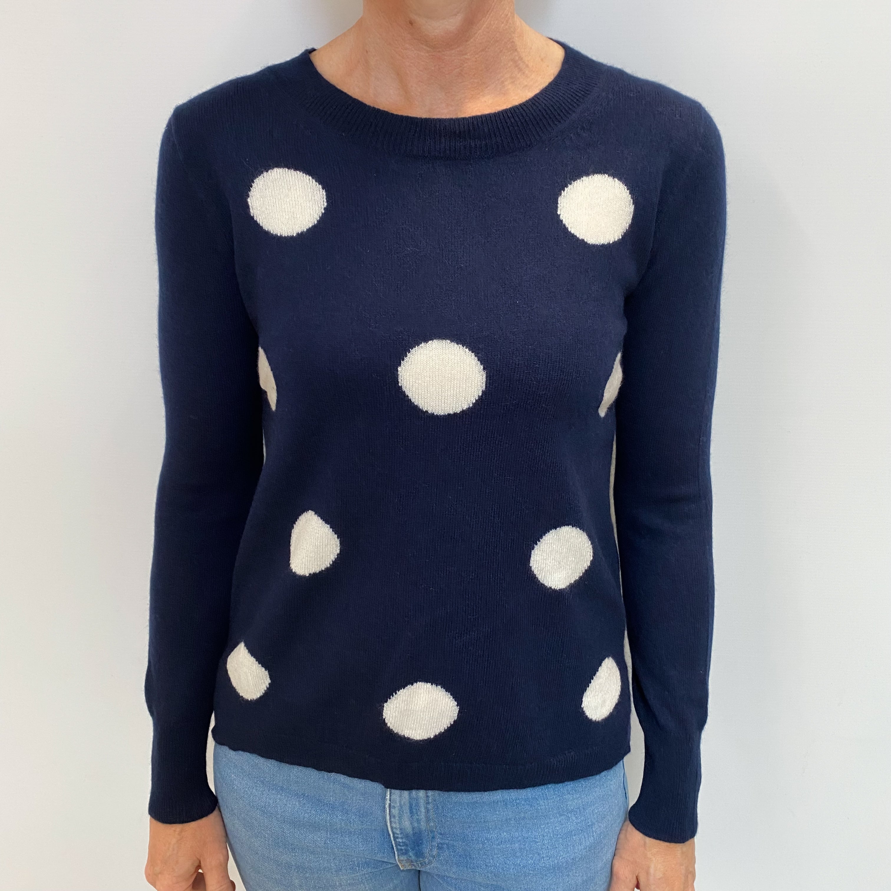 Navy Polka Dot Cashmere Crew Neck Jumper Small
