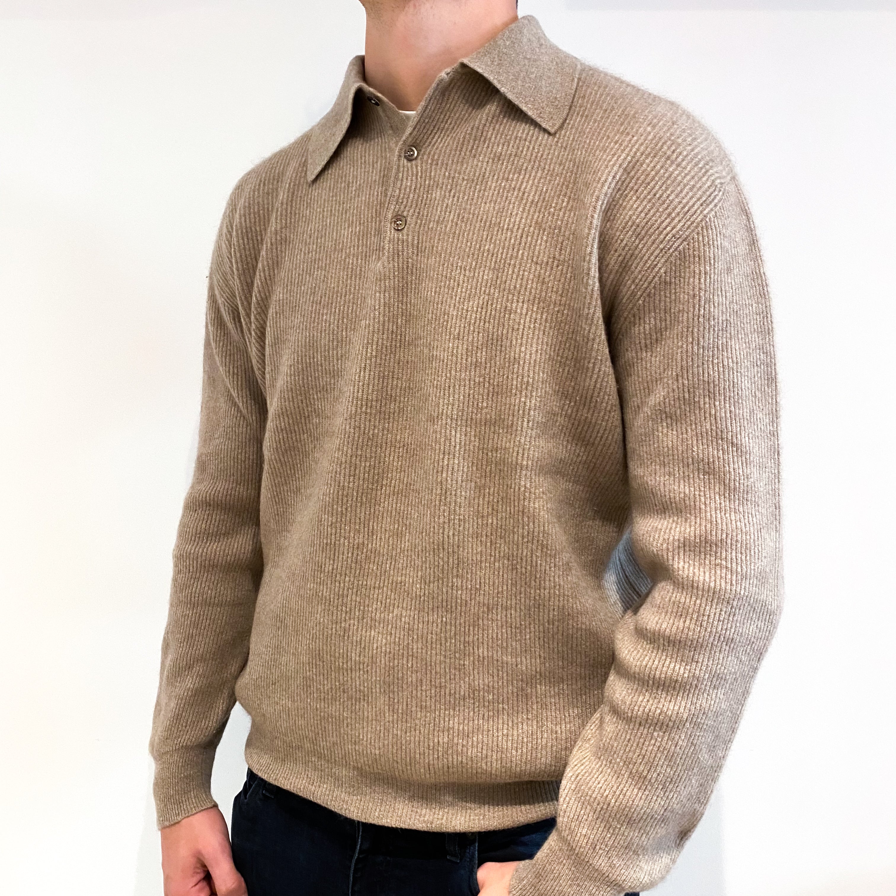Men's Italian Chunky Fawn Cashmere 1/4 Button Jumper Extra Large