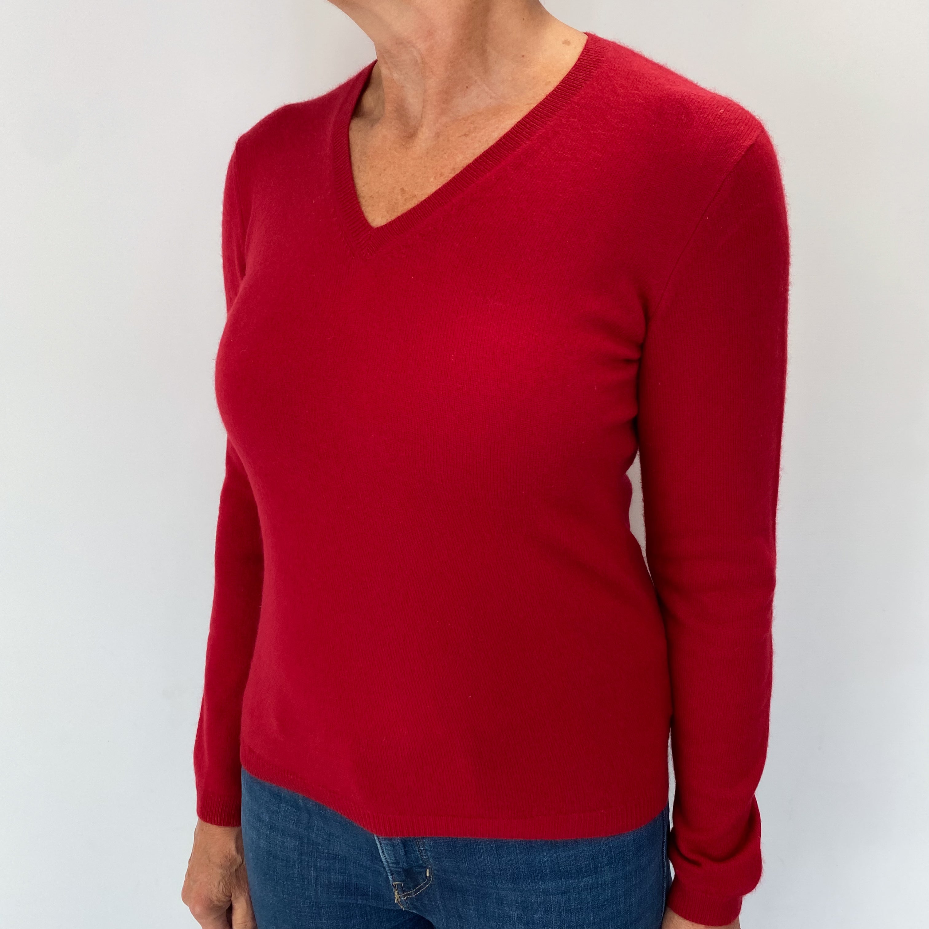 Post Box Red Cashmere V Neck Jumper Medium