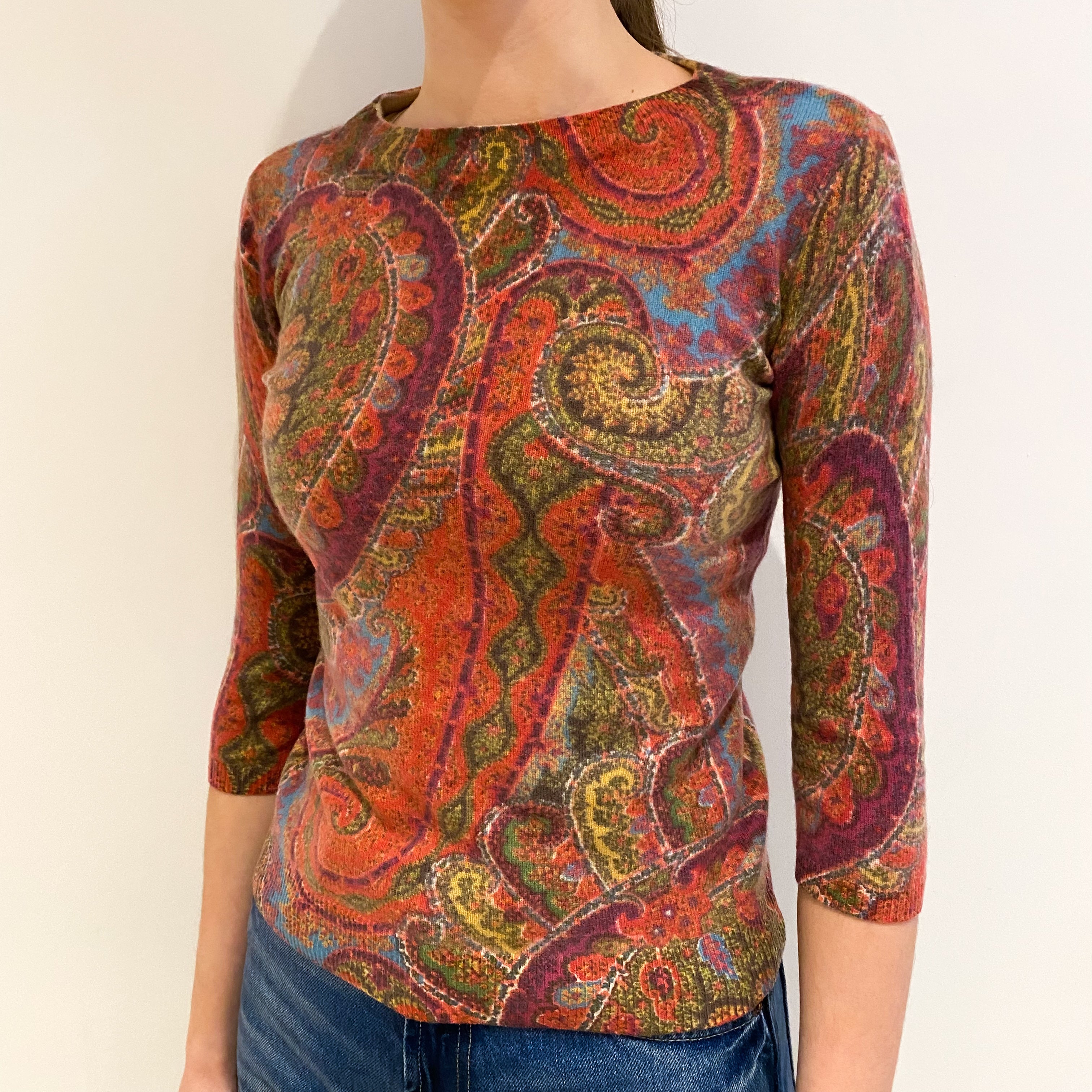 Pink and Green Paisley Cashmere Crew Neck Jumper Extra Small