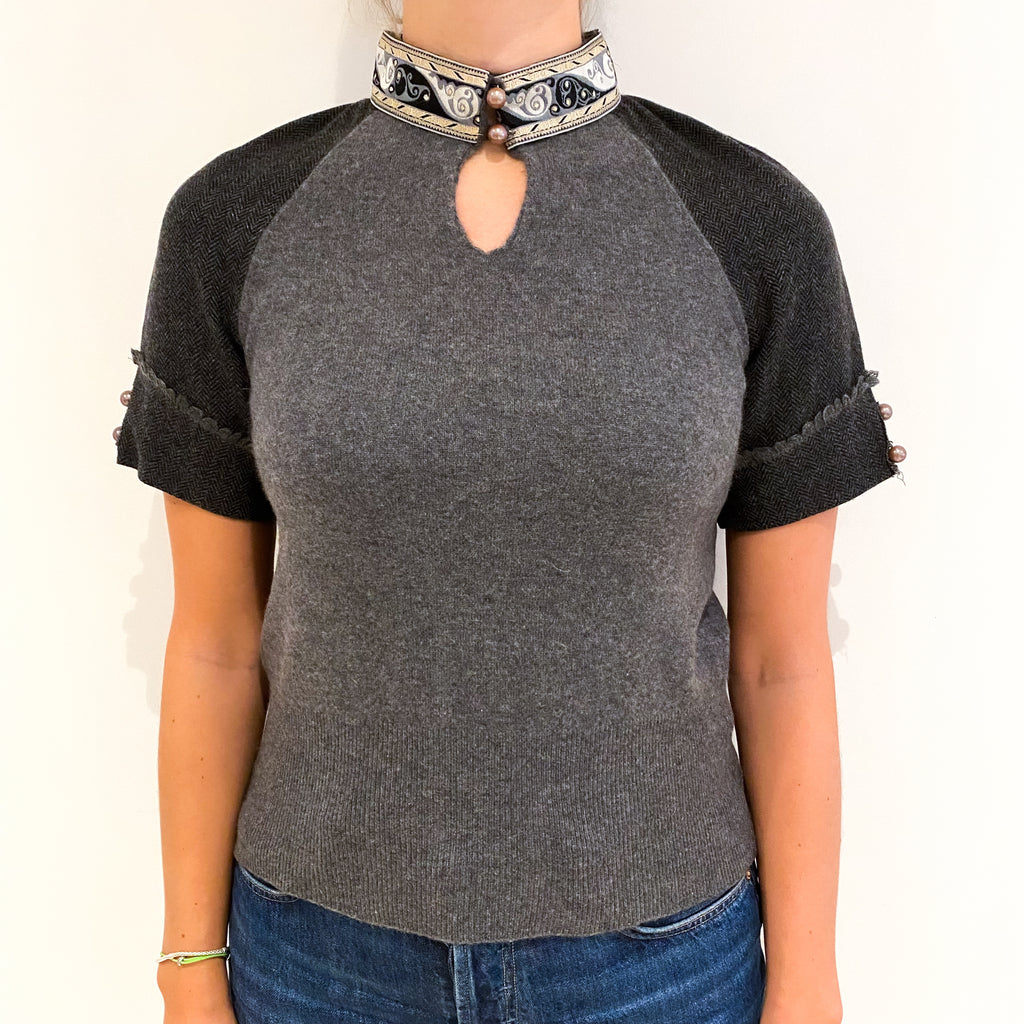 Slate Grey Cashmere Mandarin Collar Short Sleeved Jumper Small