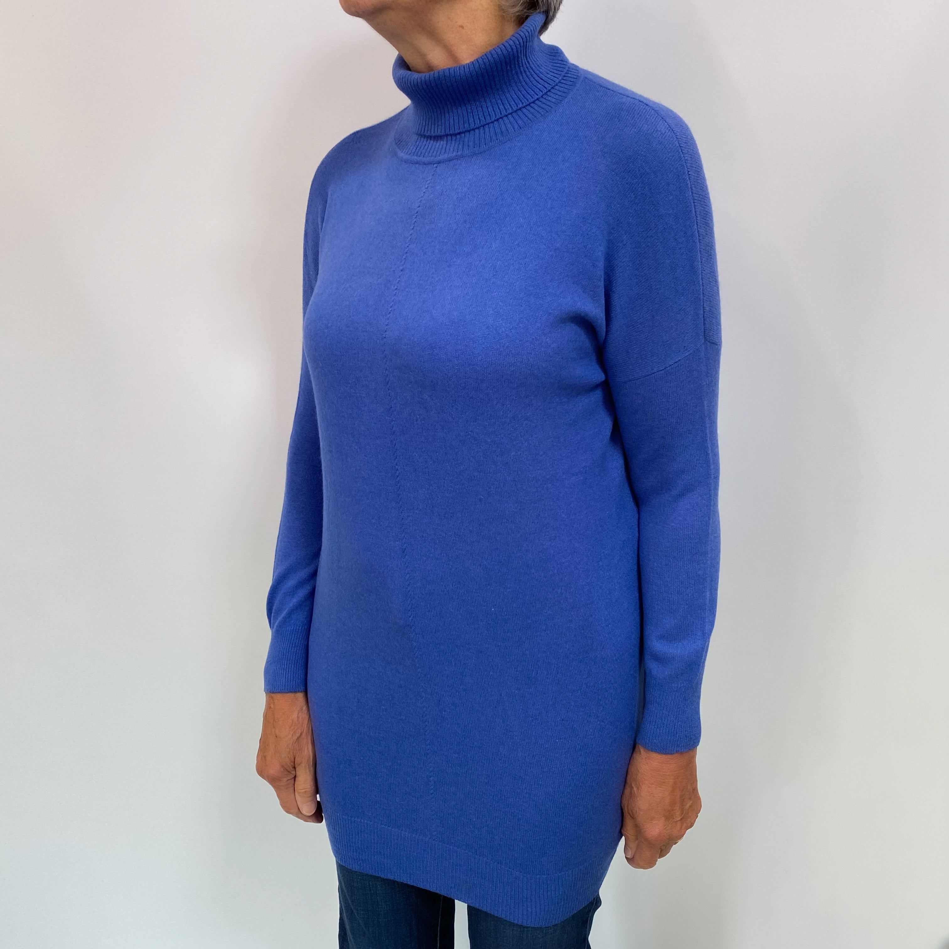 Cornflower Blue Cashmere Polo Neck Longline Jumper Medium