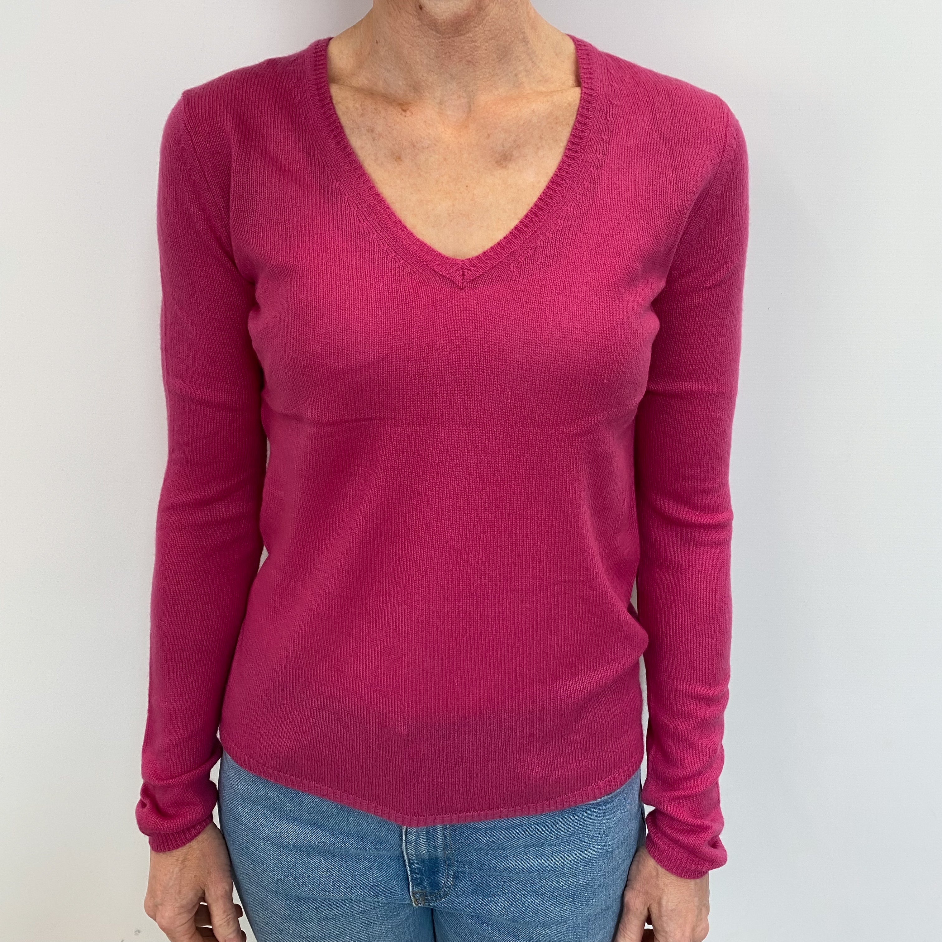 Fuchsia Pink Cashmere V Neck Jumper Small