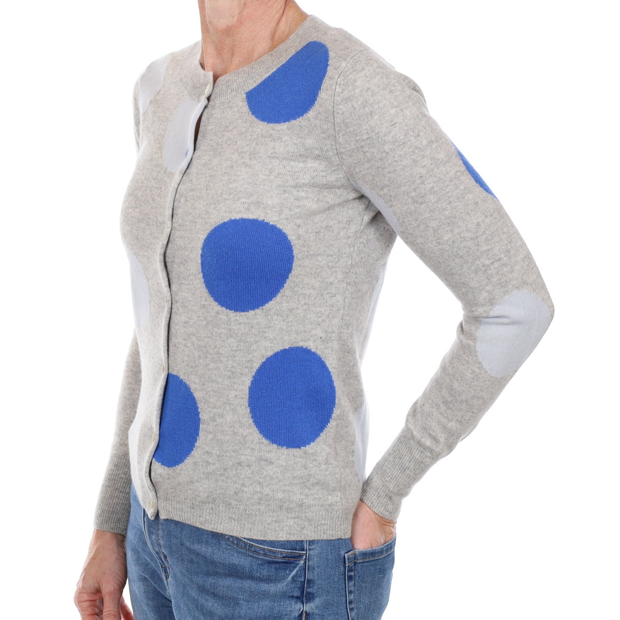 Smoke Grey Polka Dot Cashmere Crew Neck Cardigan Small