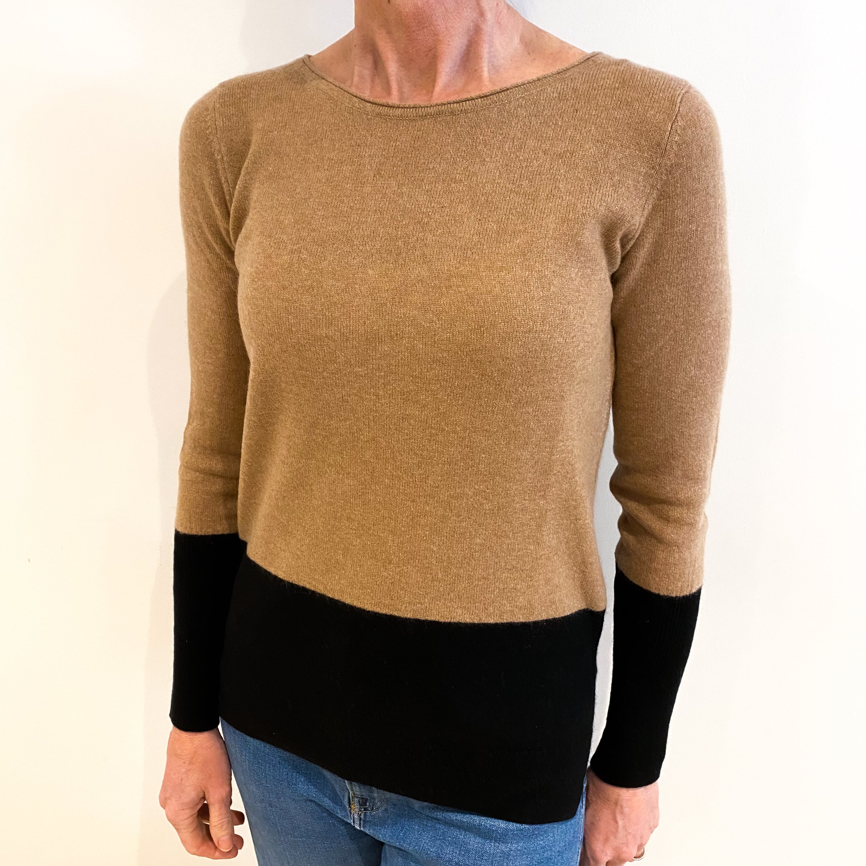 Club Monaco Camel Brown And Black Cashmere Slash Neck Jumper Small