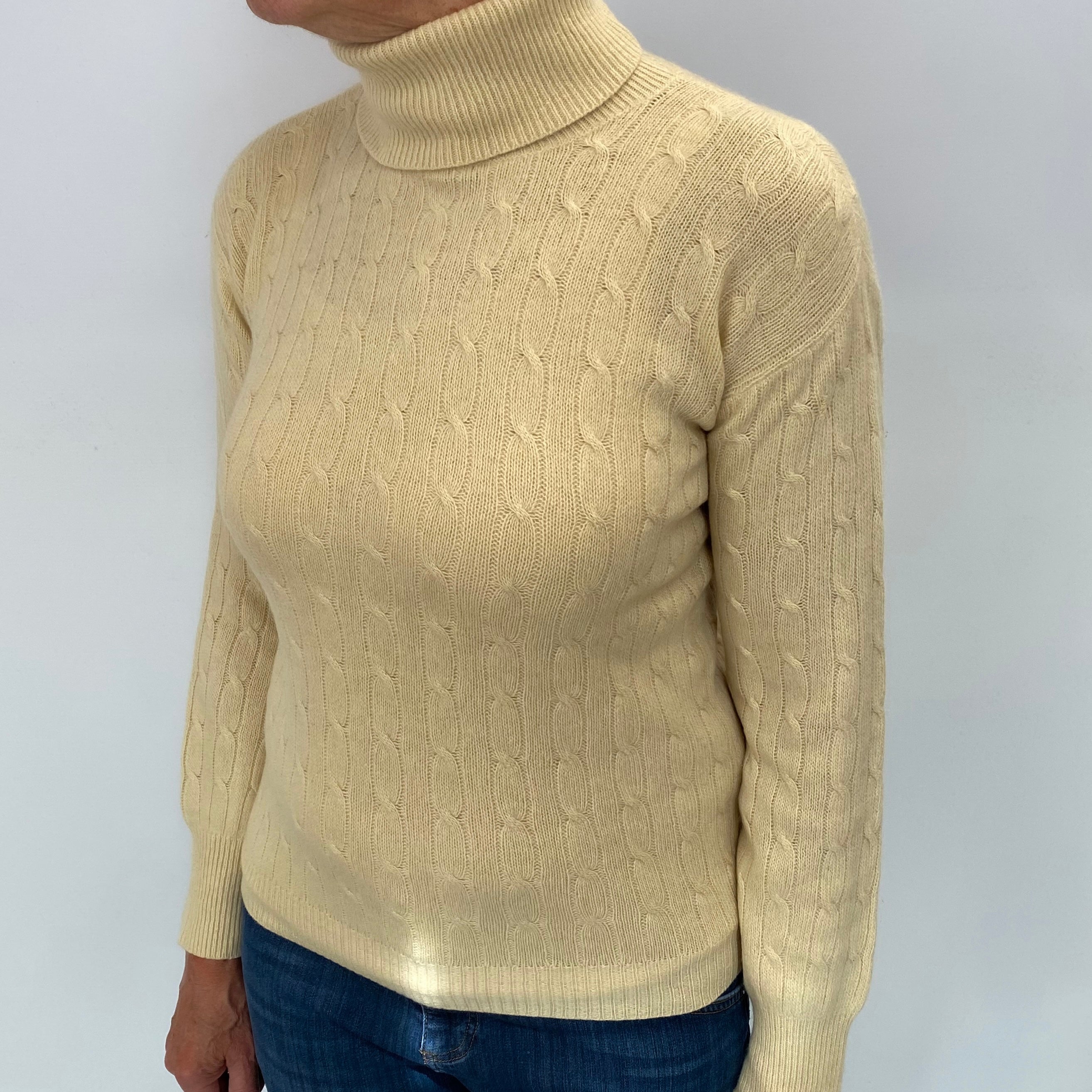 Clotted Cream Cashmere Polo Neck Cable Knit Jumper Medium