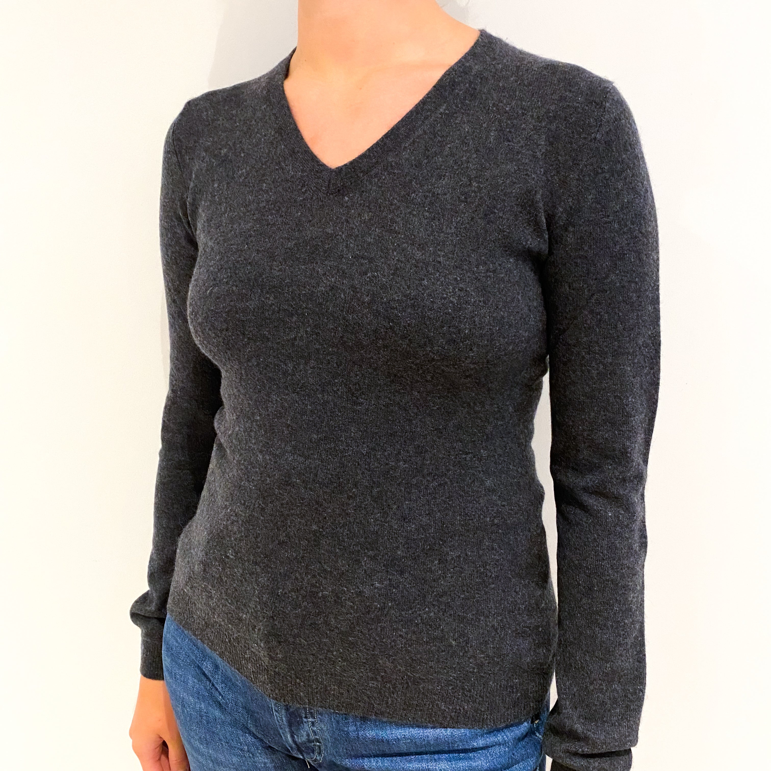 Charcoal Grey Cashmere V-Neck Jumper Small