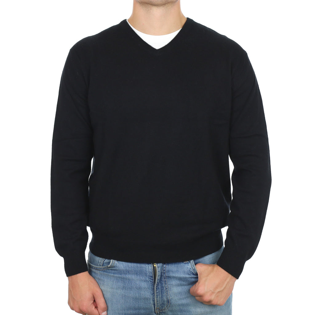 Men's Black Cashmere V Neck Jumper XL