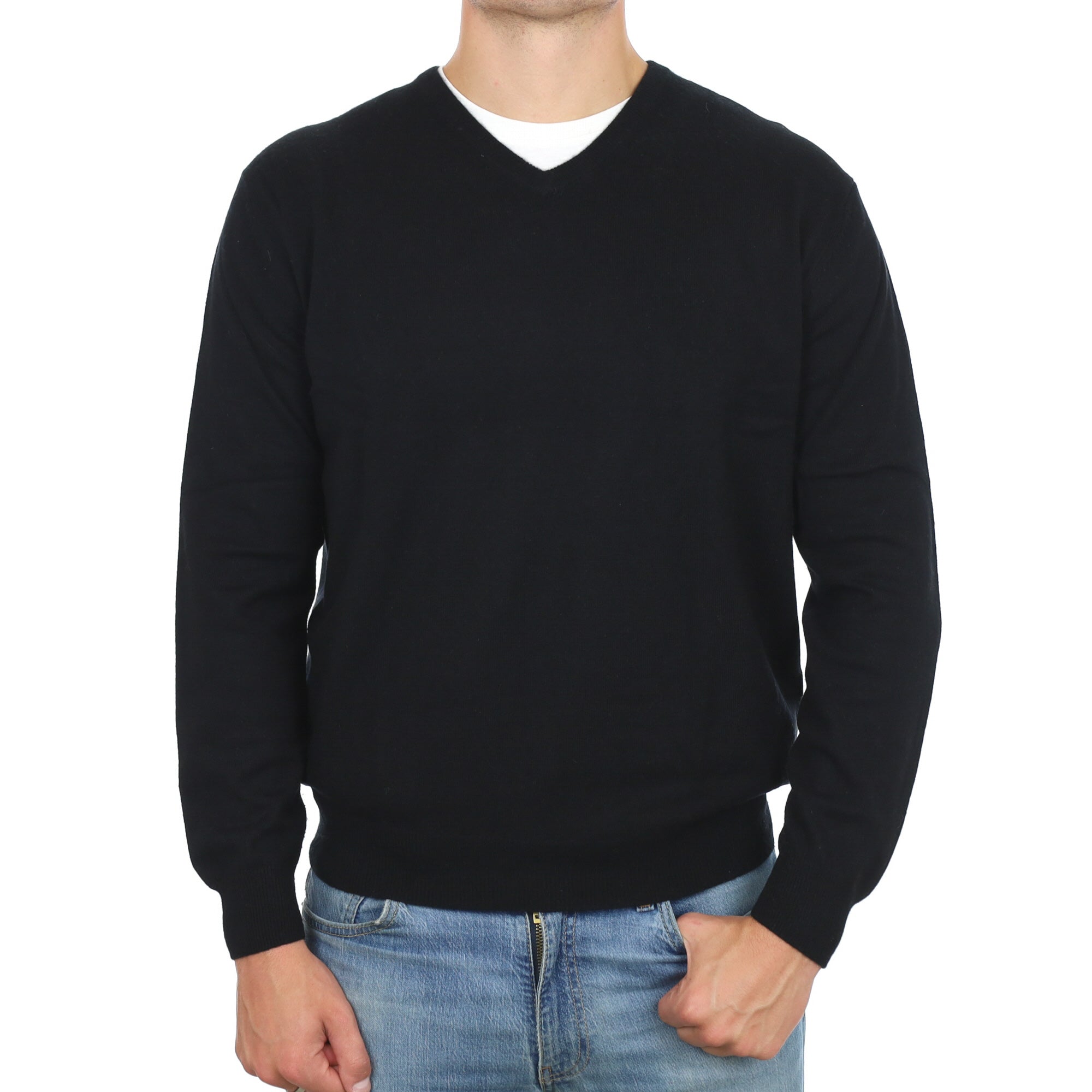 Men's Black Cashmere V Neck Jumper XL